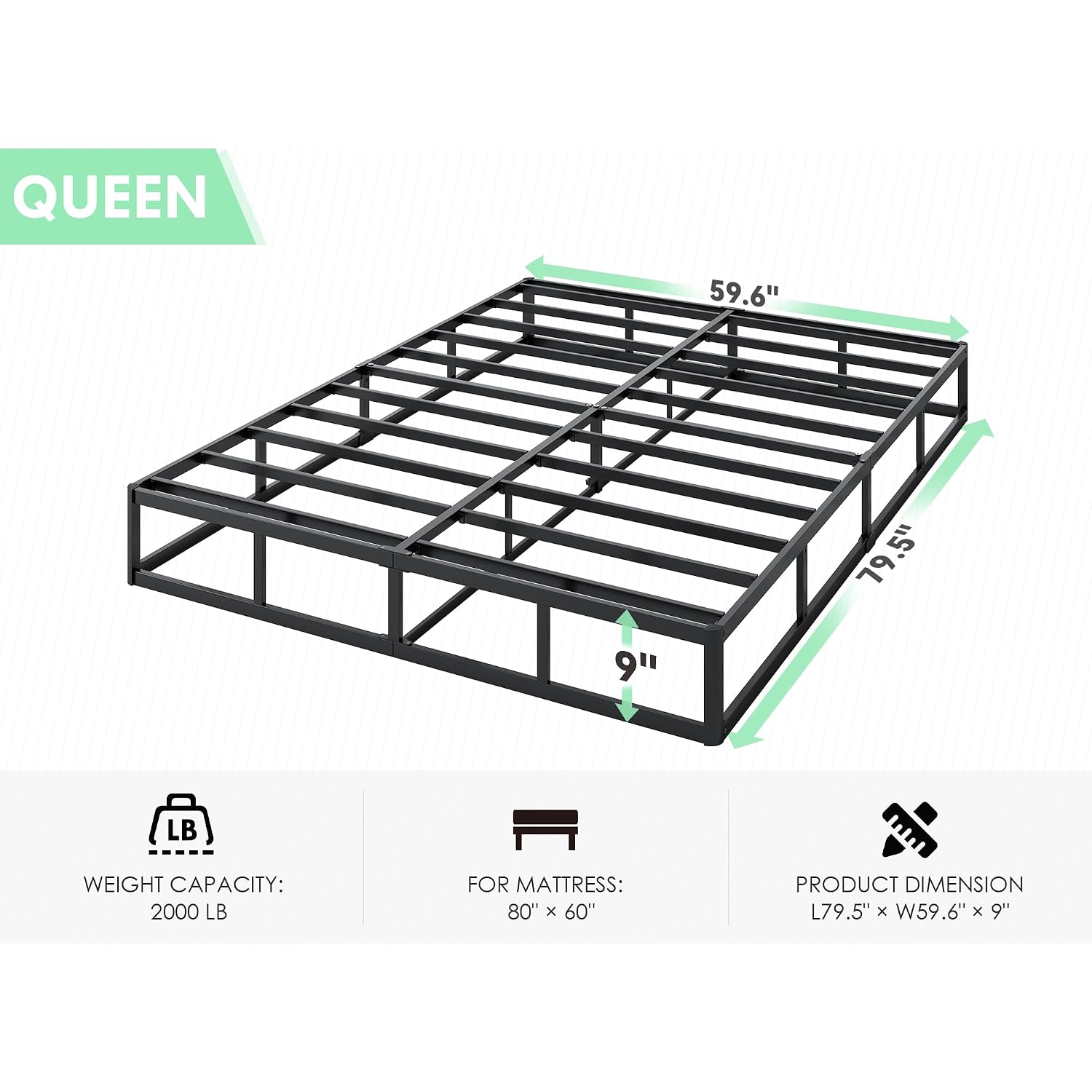 9 Inch High Profile Box Spring, Sturdy Metal Frame Mattress Foundation, Easy Assembly, Quiet & Noise-Free, Queen Size