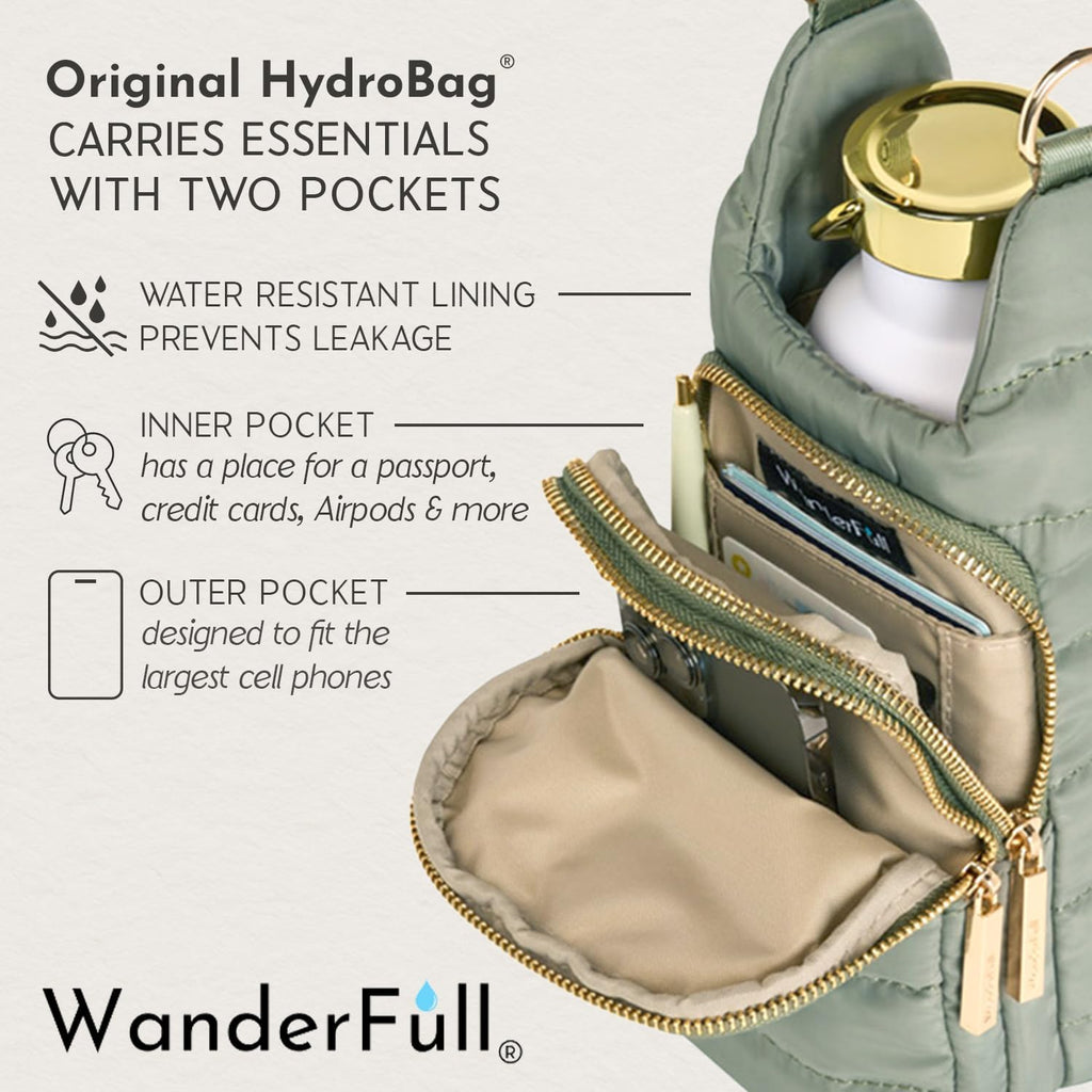 WanderFull Original HydroBag Fits Up to 32 oz Water Bottle Holder with Strap – Hands-Free Crossbody Water Bottle Carrier Bag with Phone Pocket