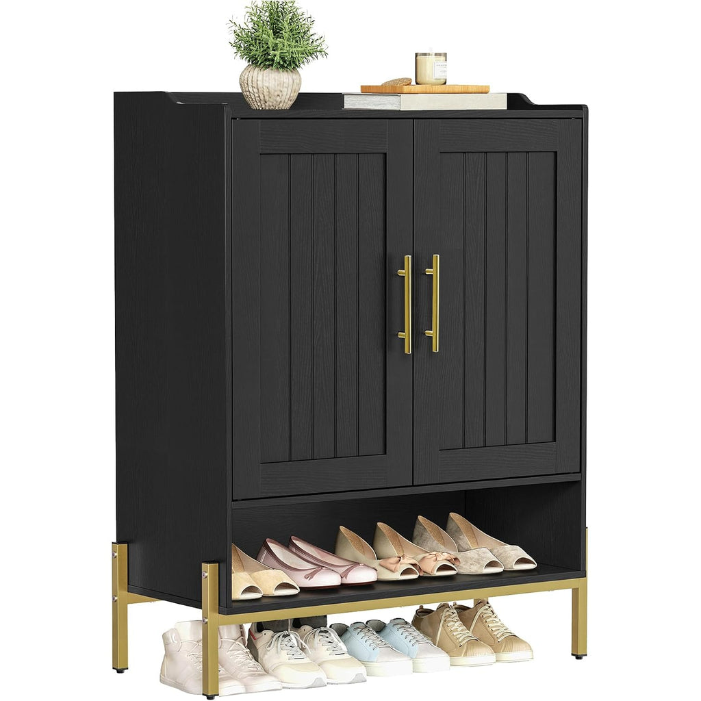 Hoobro Shoe Cabinet, 5-Tier Shoe Storage Organizer With Doors, Wooden Shoe Cabinet Storage For Entryway, Freestanding Shoe Rack Cabinet With 3 Adjustable Shelves For Hallway, Gold And Black Db41Sc01