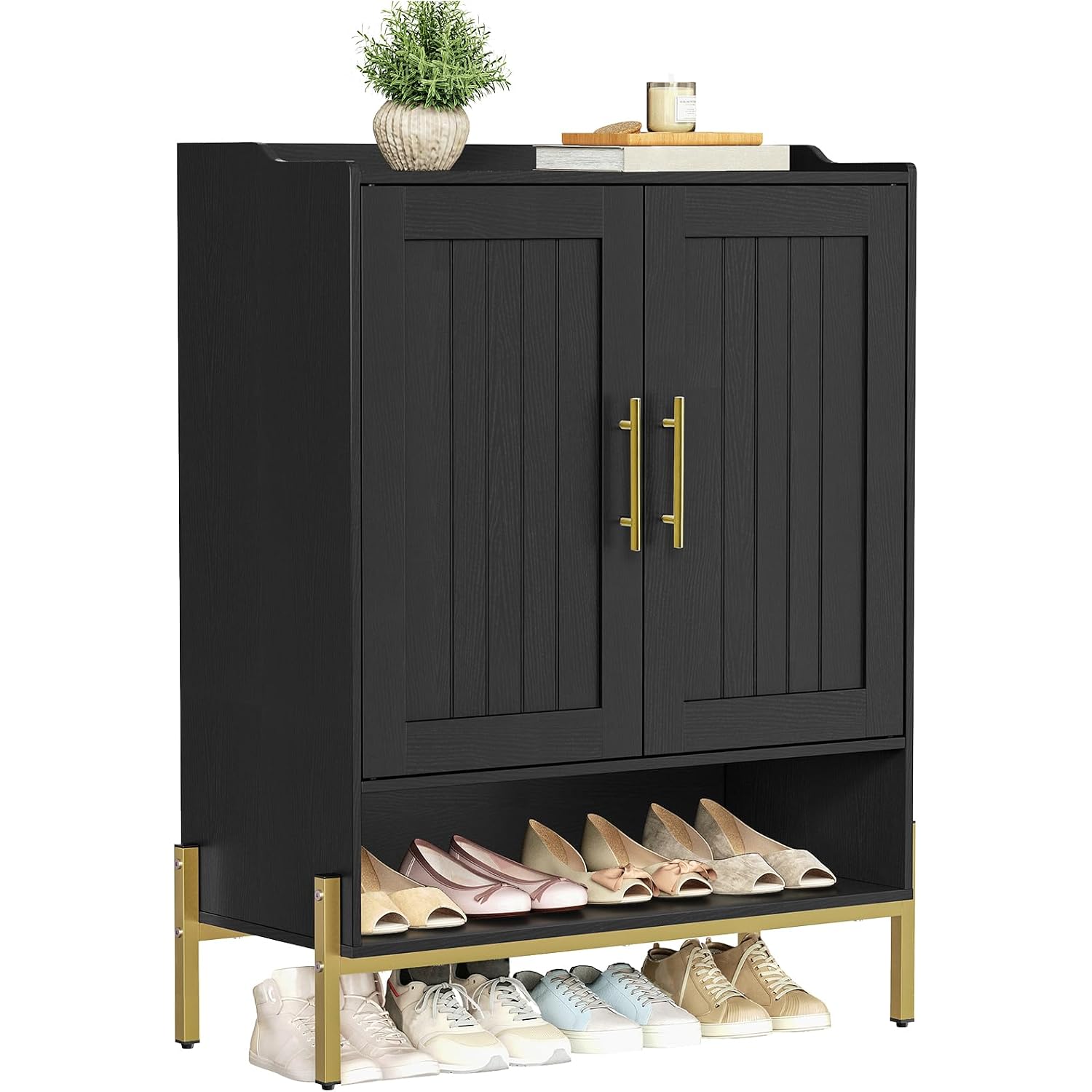 Hoobro Shoe Cabinet, 5-Tier Shoe Storage Organizer With Doors, Wooden Shoe Cabinet Storage For Entryway, Freestanding Shoe Rack Cabinet With 3 Adjustable Shelves For Hallway, Gold And Black Db41Sc01