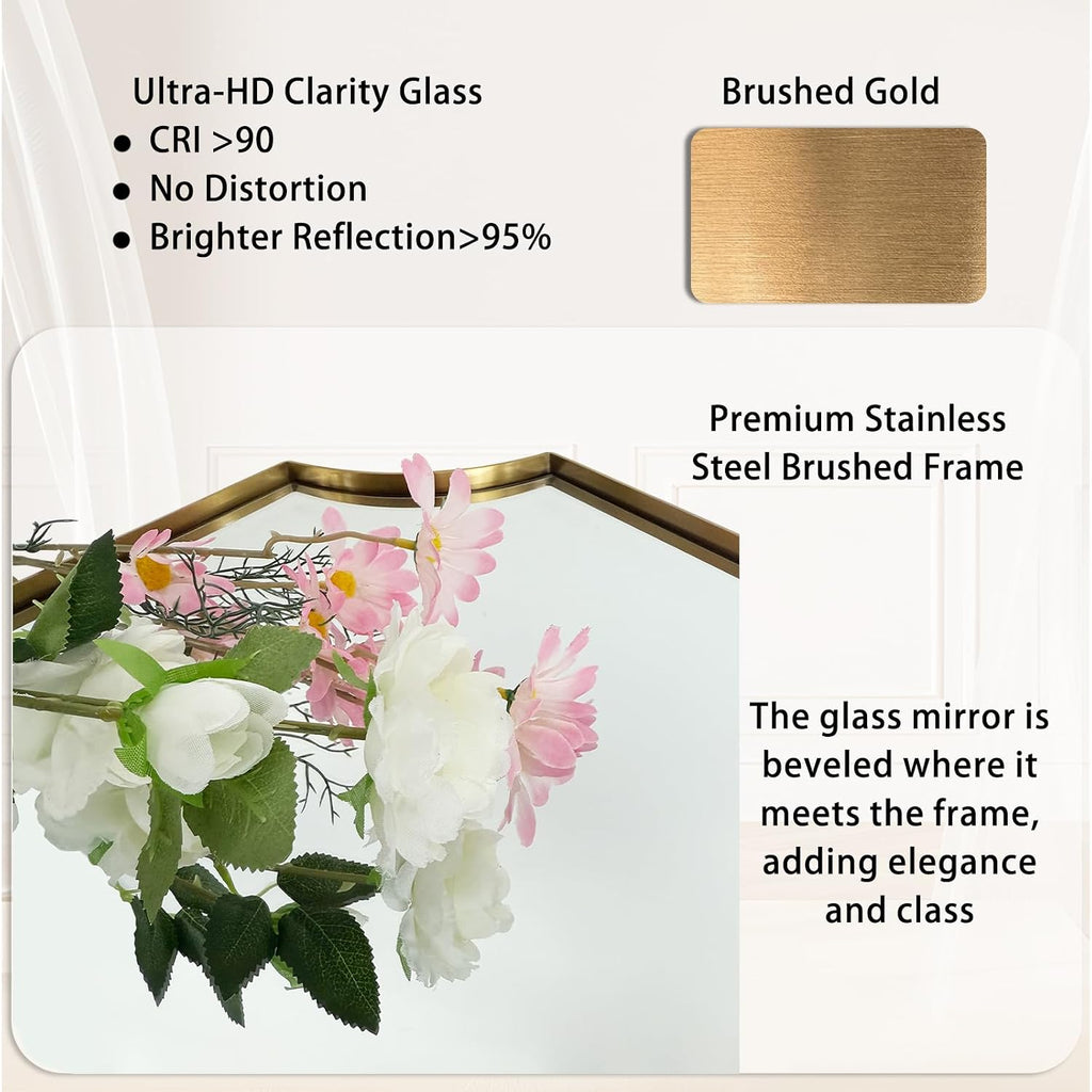 Pozino 48"X30" Large Brushed Gold Scalloped Wall Mirror With Beveled Edge | Stainless Steel Frame Hd Mirror, Horizontal/Vertical Mount, Rectangle Wavy Wall Mirror For Bathroom Vanity Entryway Bedroom