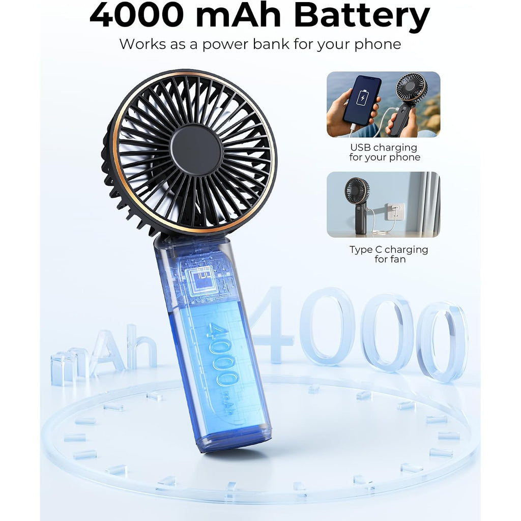Tunise Portable Handheld Fan, Portable Fan Rechargeable, 4000Mah, 180° Adjustable, 6 Speed Wind, Display Electricity In Real Time, Usb Rechargeable Foldable F An, Quiet Personal Fan As Power Bank