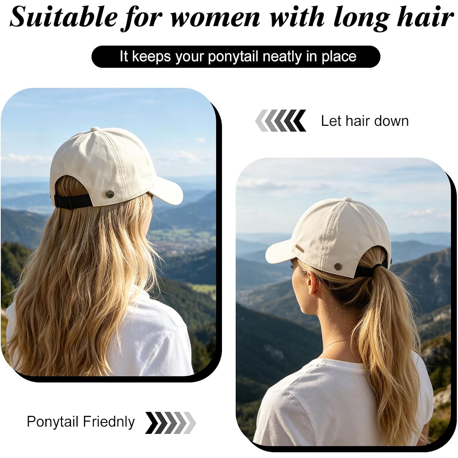 Women Sun Hat Wide Brim Hat Ponytail Baseball Cap Foldable Packable for Summer Beach Golf Hiking Fishing Beige