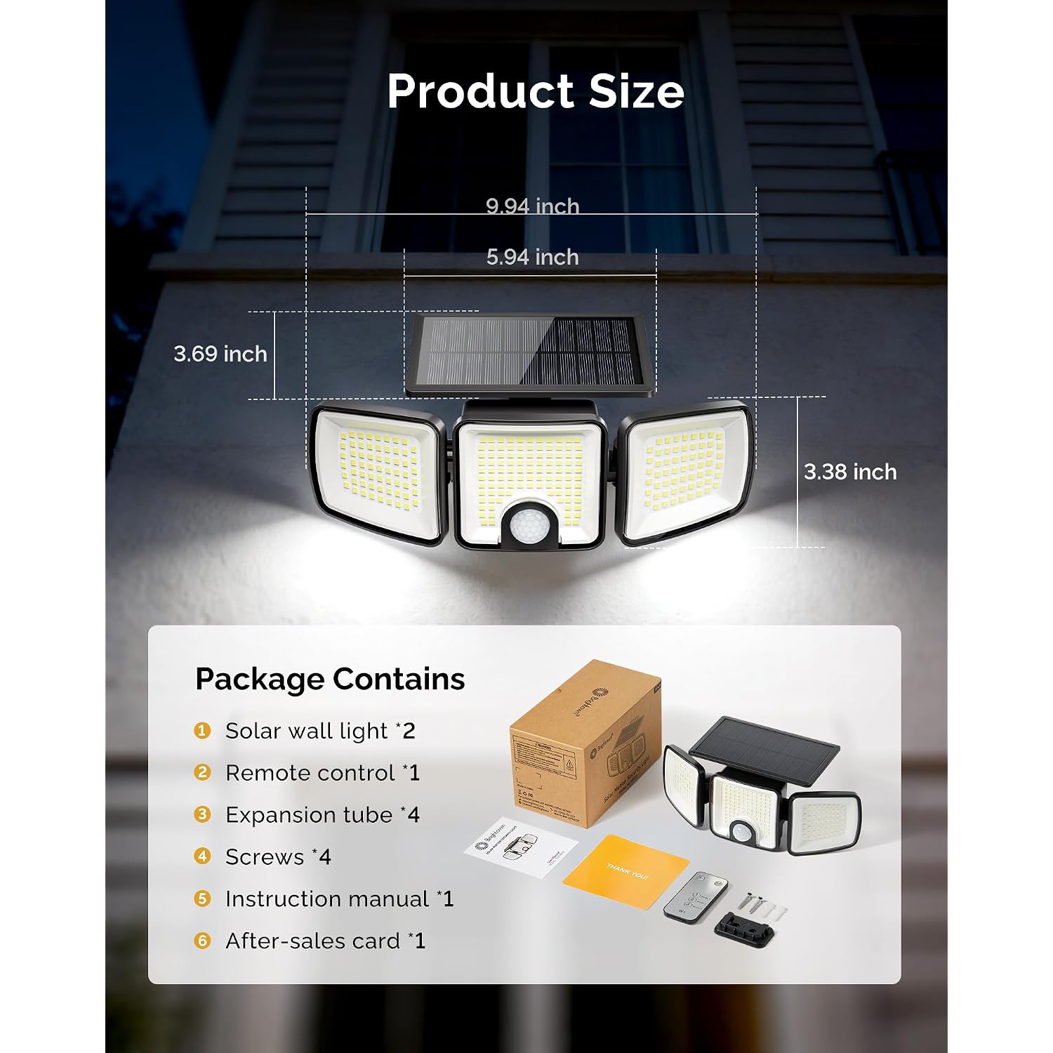 Brightown 2 Pack Solar Outdoor Lights, 2500Lm 223 Led Solar Flood Outdoor Lights With Motion Sensor 3 Modes, 3 Head 270° Wide Angle Street Area Ip65 Waterproof Security Wall Lights With Remote