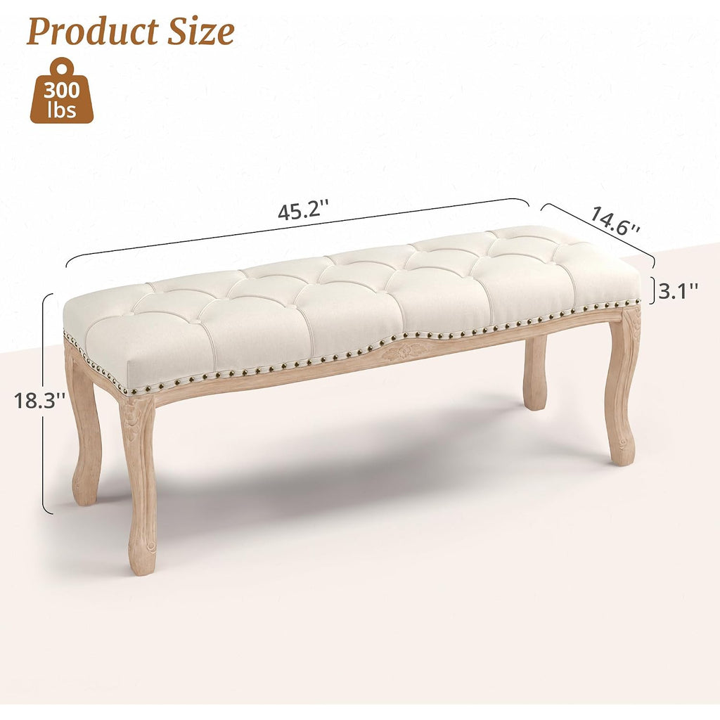 Bedroom Bench, French Vintage Tufted Entryway Bench, 45.2" Carving Upholstered End Of Bed Bench With Distressed Wood Legs, Linen Ottoman Seat For Living Room, Foyer, Dining Room, Beige