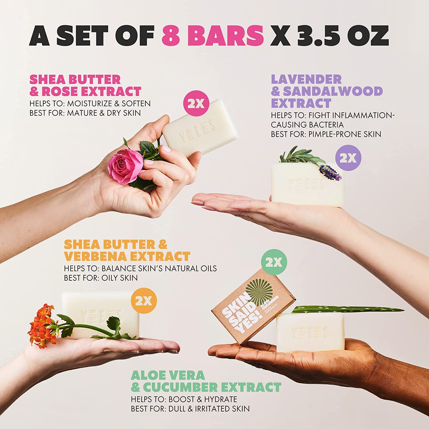 Skin Said Yes Organic Soap Bar (Pack Of 8) - Natural Soap Made In Greece | Tripple Milled | Nuorishing Shea Butter, Olive Oil, Lavander And Sandalwood, Aloe Vera & Cucumber Extract