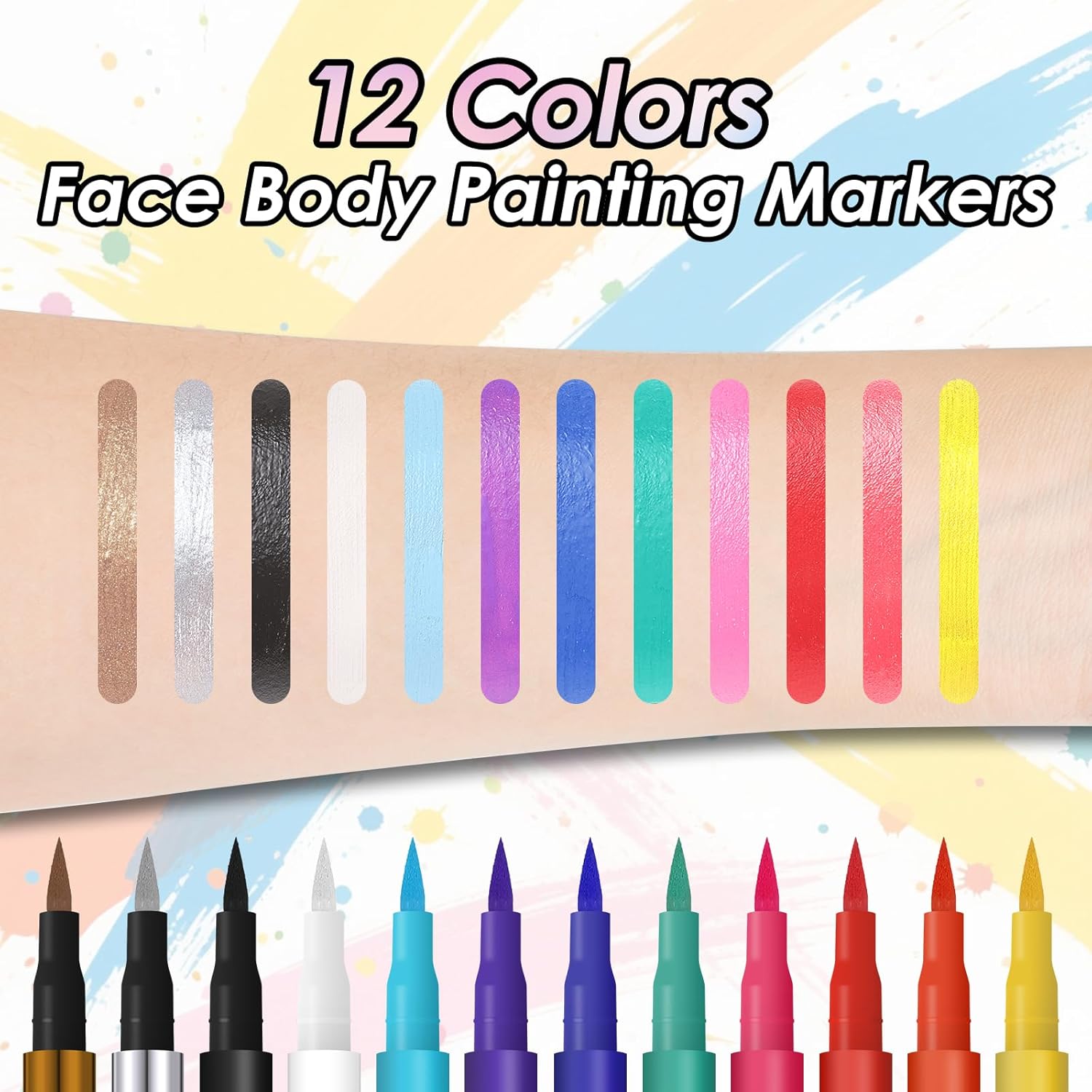 YBUETE 12 Colors Face Body Painting Markers, Water Resistance Tattoo Pen for Adults, Long-lasting and Smudge-proof Temporary Tattoo Markers for Mardi Gras Parties, SFX & Festivals
