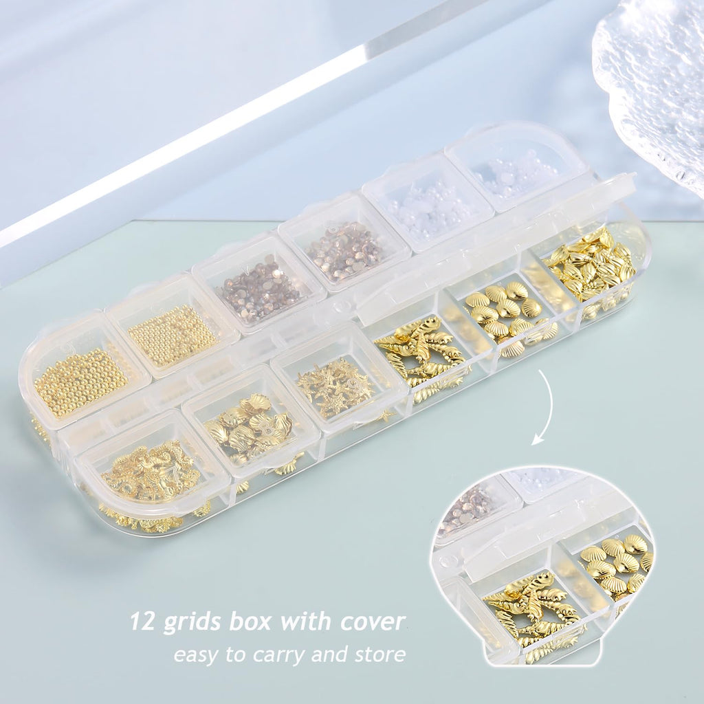 Summer Nail Charms, 3D Beach Nail Charms Metal Starfish Seashell Tropical Ocean Nail Art Decorations, Gold Beads and Pearls Rhinestones with Tweezers for Manicure, concha nacar para uñas