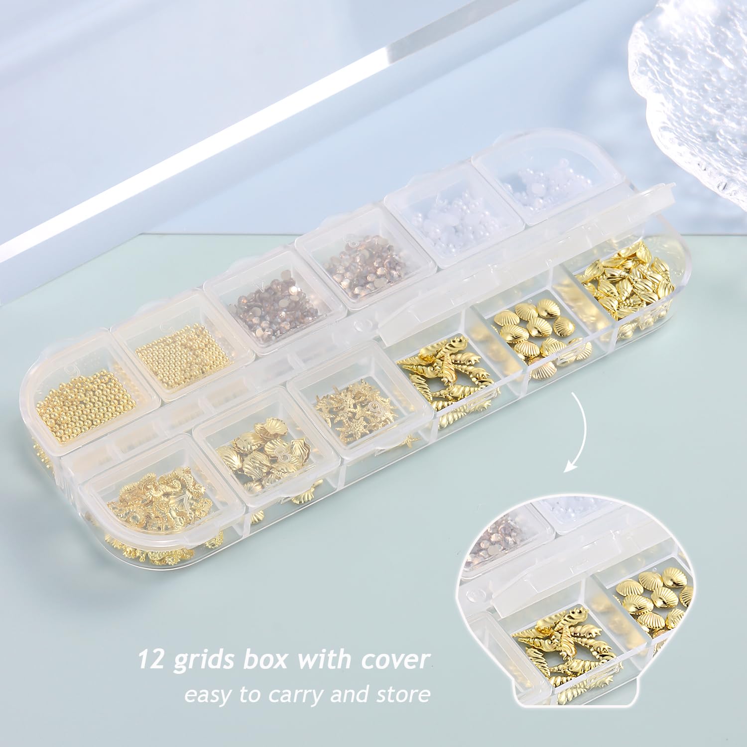 Summer Nail Charms, 3D Beach Nail Charms Metal Starfish Seashell Tropical Ocean Nail Art Decorations, Gold Beads and Pearls Rhinestones with Tweezers for Manicure, concha nacar para uñas