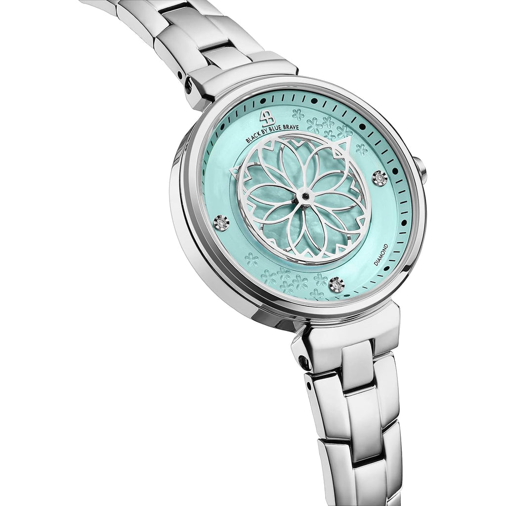 Black By Blue Brave Cherry Blossom Watch Women—Diamonds, Mother Of Pearl | Sakura Petal Hand, Silver Bracelet—Elegant Floral Watch For Women, Gift, Formal Occasions