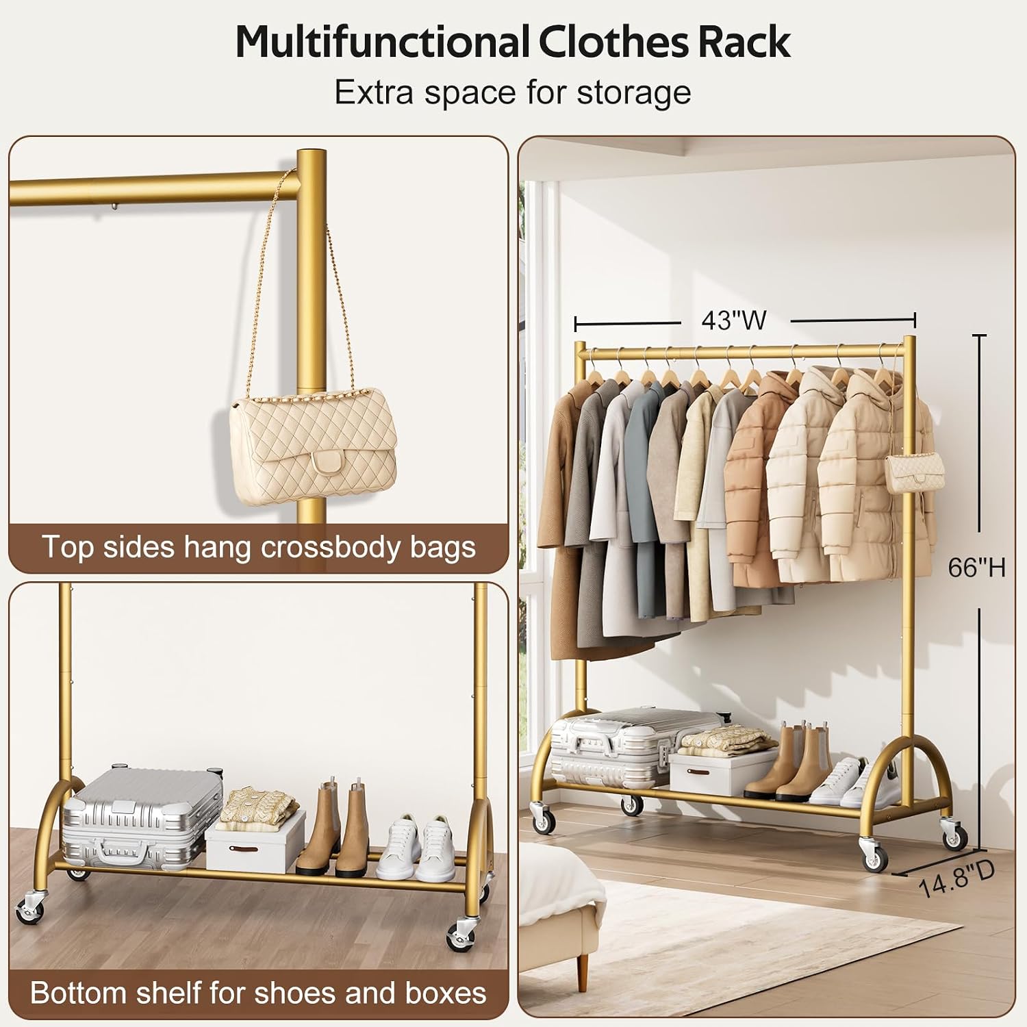 Misslo Heavy Duty Clothing Rack With Wheels Rolling Clothes Racks For Hanging Clothes, Coats, Garment, Dress, Gold