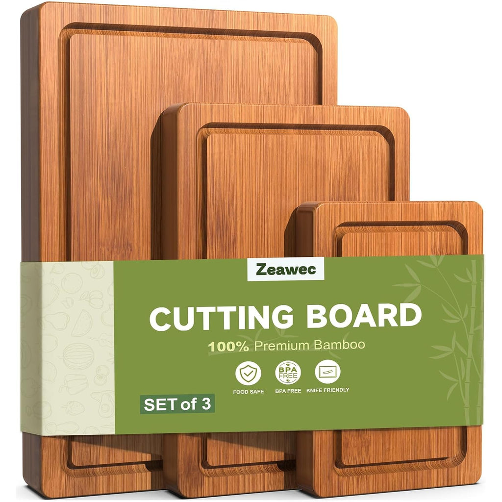 3-Piece Set Deep-Carbonized Bamboo Cutting Board For Kitchen - Crack-Resistant Wood Chopping Boards With Deep Juice Grooves, Pre-Oiled Butcher Block For Meat, Vegetables & Cheese, Carbonized