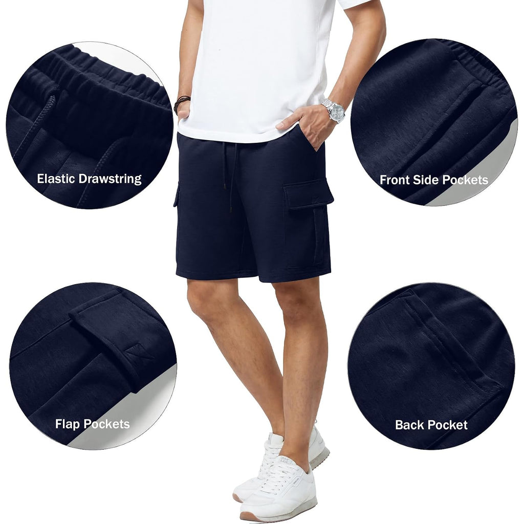 Mens Casual Sweat Cargo Cotton Shorts Drawstring Elastic Waist Athletic Workout Gym Jogger Shorts With 5 Pockets