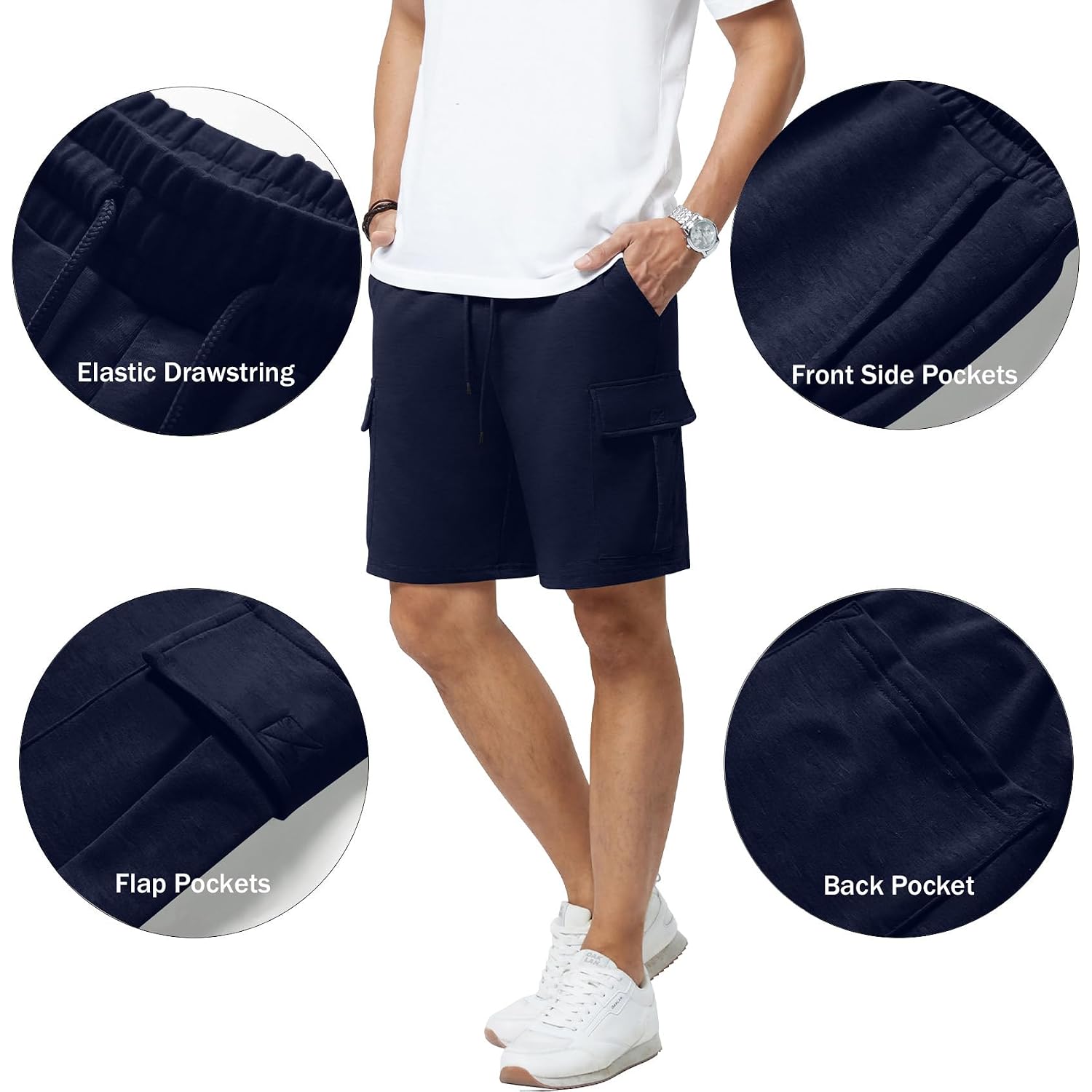 Mens Casual Sweat Cargo Cotton Shorts Drawstring Elastic Waist Athletic Workout Gym Jogger Shorts With 5 Pockets