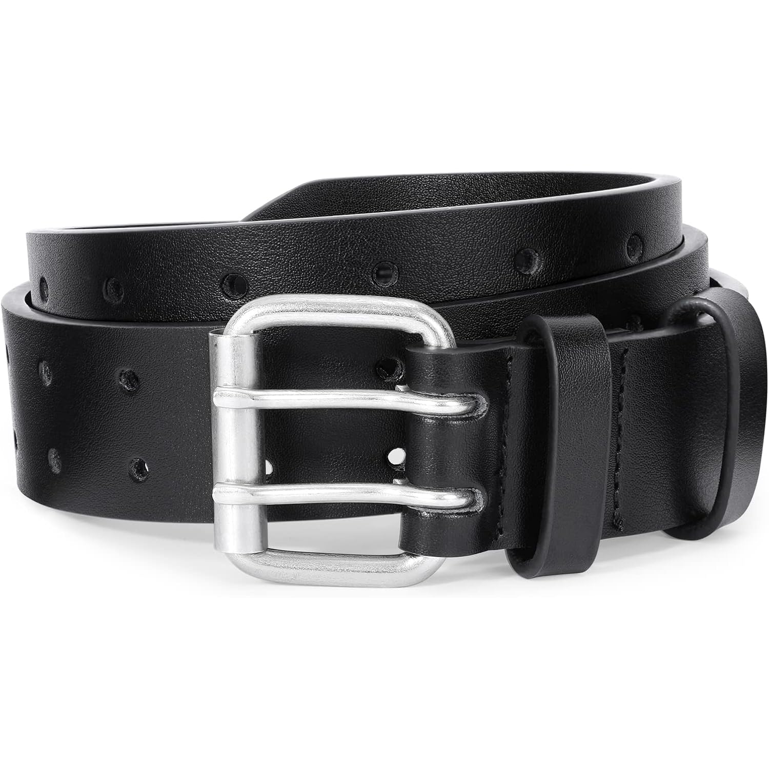 Jasgood Men Double Prong Pu Leather Belt Casual Work Heavy Duty Belt Double Grommet Holes Belt For Jeans