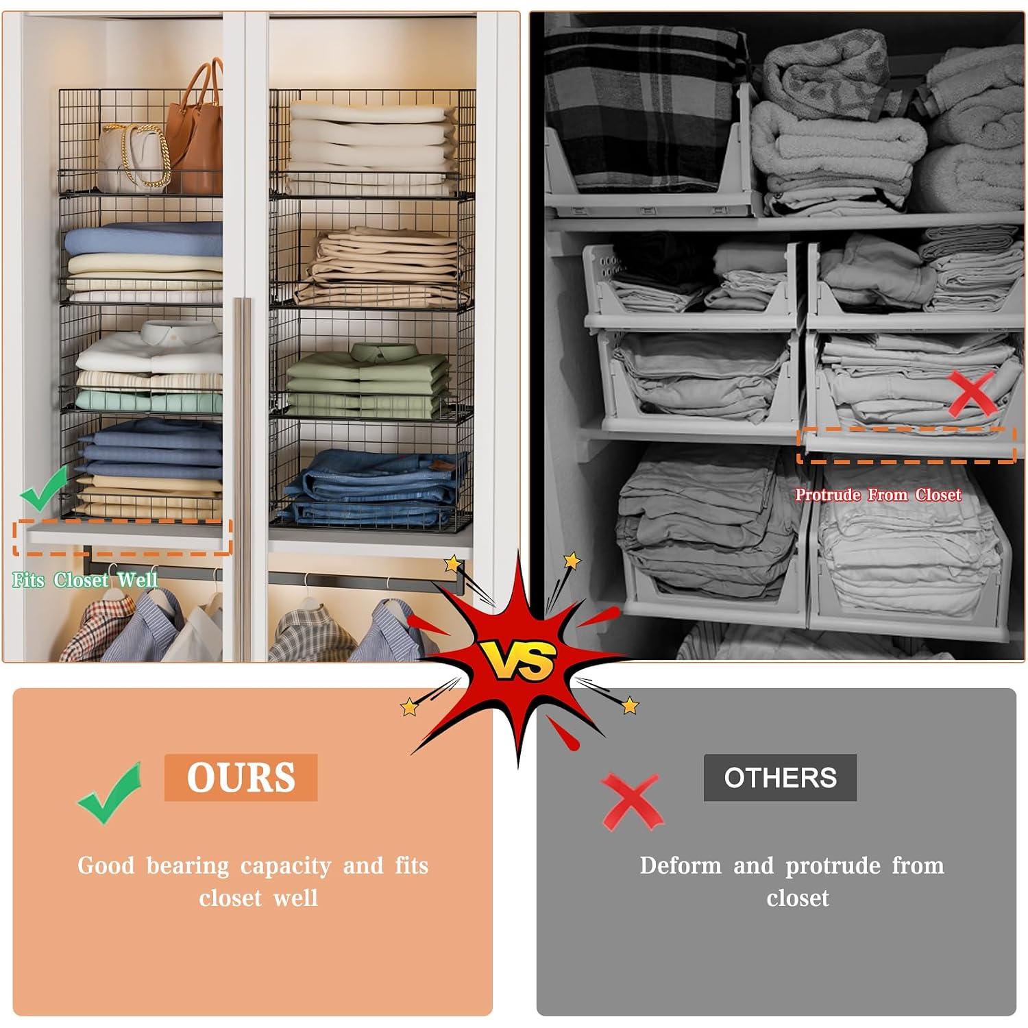 4-Tier Stackable Closet Organizers And Storage Shelves, Foldable Closet Shelf Organizer, Black(Patent Protection)(Patent No. 30022416)