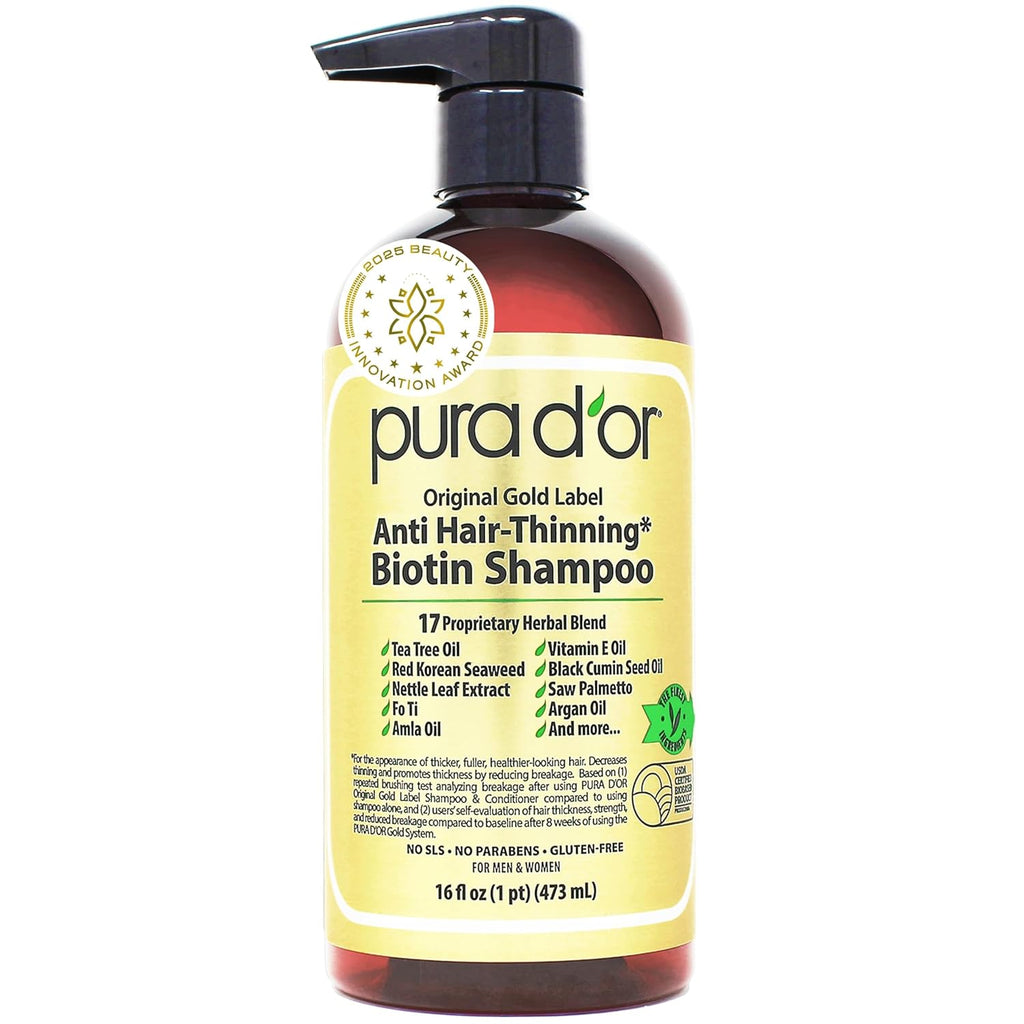 PURA D'OR Original Gold Label Anti-Thinning Shampoo - CLINICALLY TESTED – Natural Earthy Scent - Biotin & Argan Oil – Sulfate-Free Strengthening & Volumizing for Fuller-Looking Hair, Men & Women 16 oz