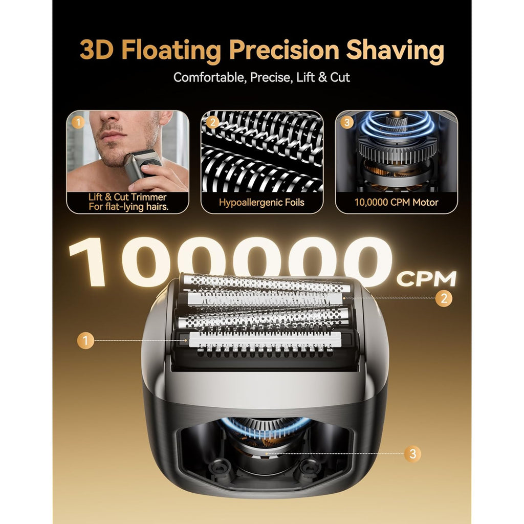 Full Metal Electric Foil Shaver for Men: 4 Floating Blades, IPX7 Waterproof Wet & Dry Mini Razor, 120-Min Runtime USB-C Rechargeable, Quiet Travel Groomer with LED Display & Travel Lock