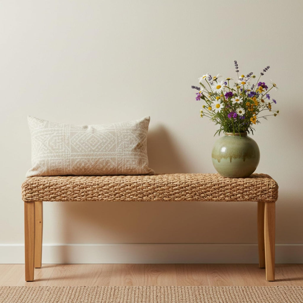 Indoor Wicker Bench, 47", Solid Wood Acacia & Natural Woven Seat | Entryway Bench, Living Room Dining Bench Or End Of Bed Bench, Boho, Rustic Farmhouse Rattan Hallway Bench