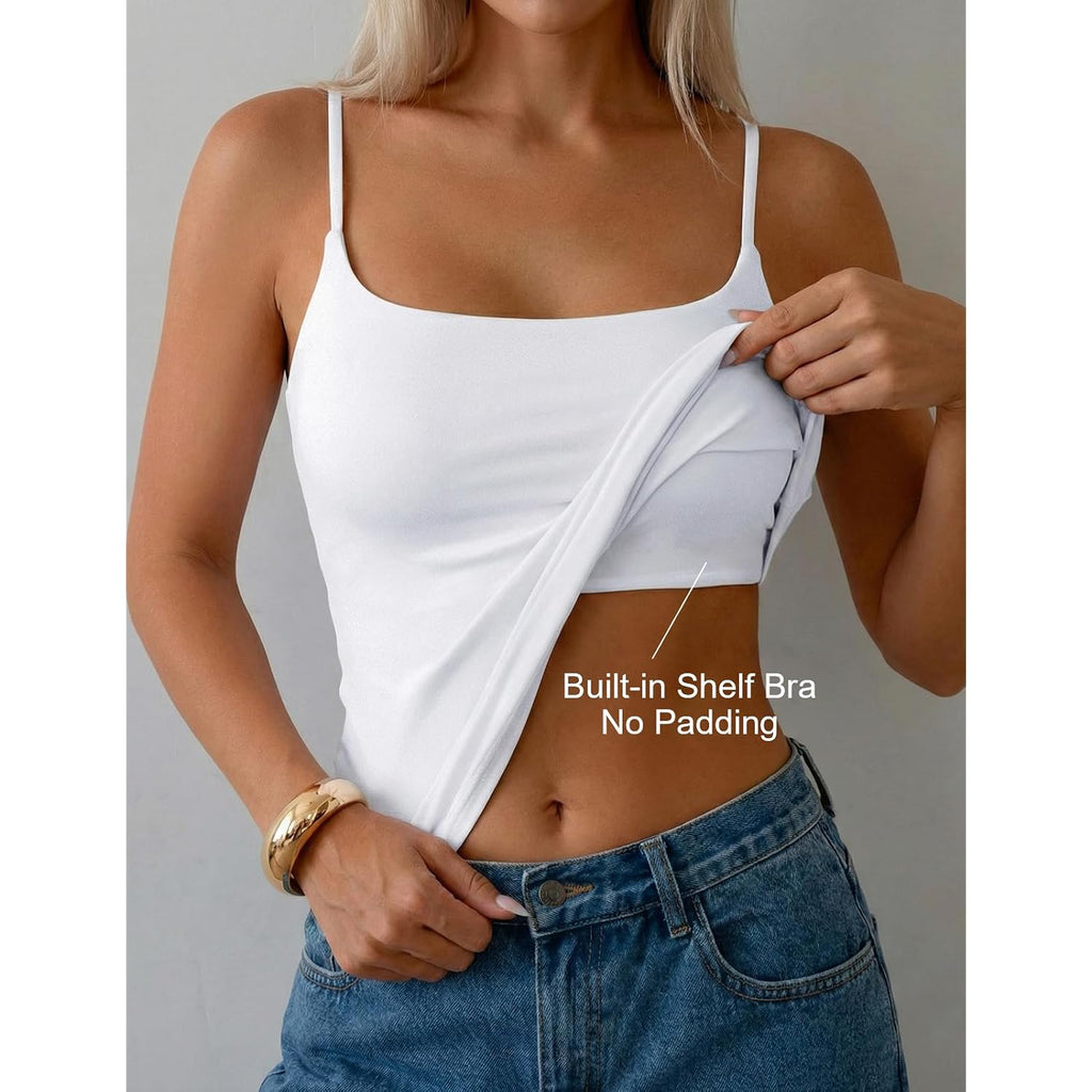 PrettyGuide Women Cotton Cami Tops Built-in Shelf Bra Unpadded Square Neck Crop Tank Top Fitted Basic Camisole Going Out Tees