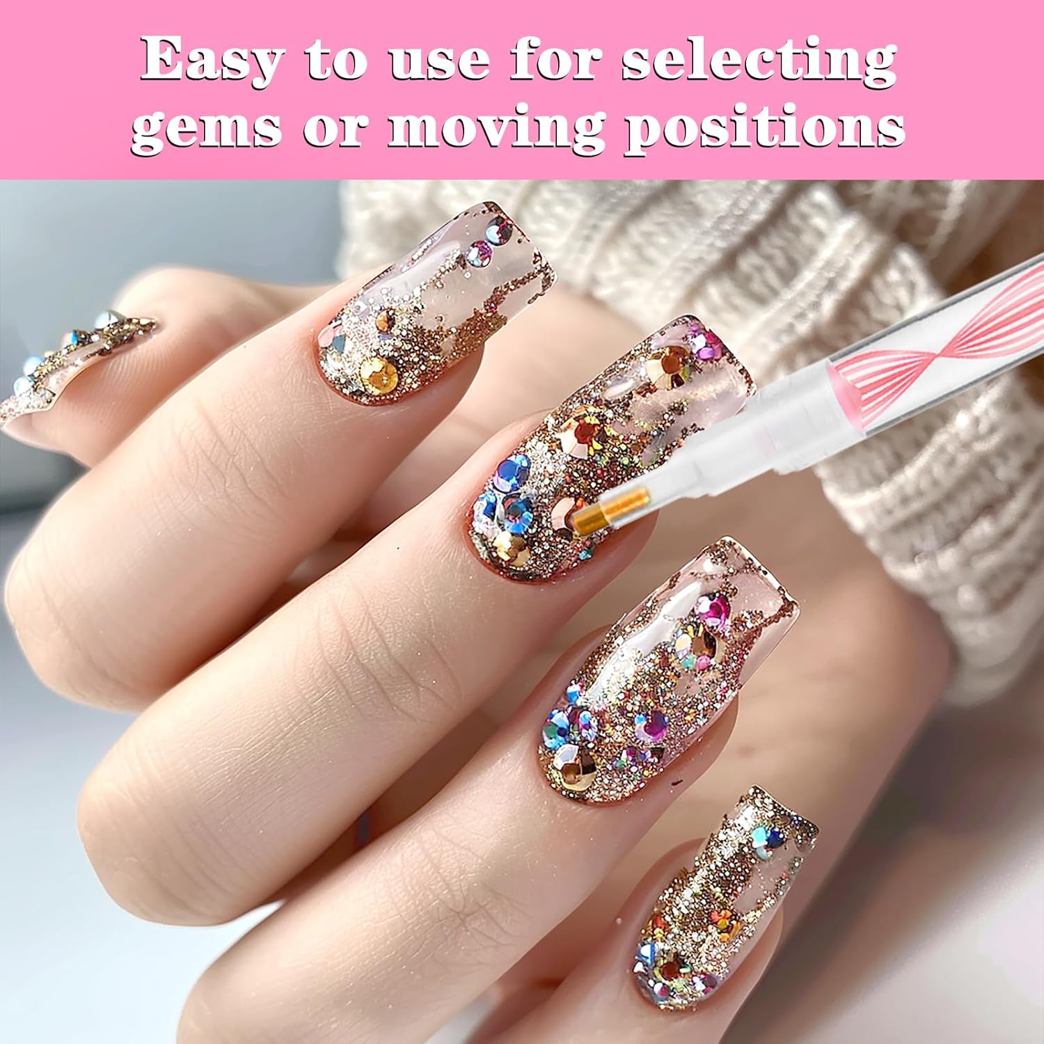 Rhinestone Pickup Tool Set: 2 Pcs Rhinestone Picker Handles Dual-Ended Rhinestones Applicator Dotting Tool Pen Shiny Diamond Dot Drill Pen for DIY Home Nail Salon