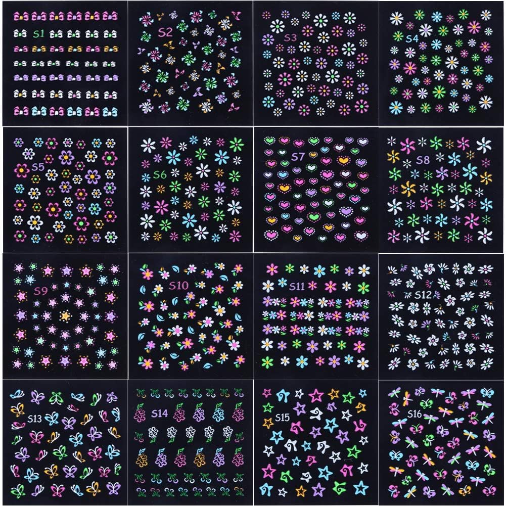 EBANKU 24Sheets Fluorescence Nail Art Stickers Decals 3D Self-Adhesive Butterfly Flower Love Fruits Pattern DIY Decoration Tools Accessories for Women Kids