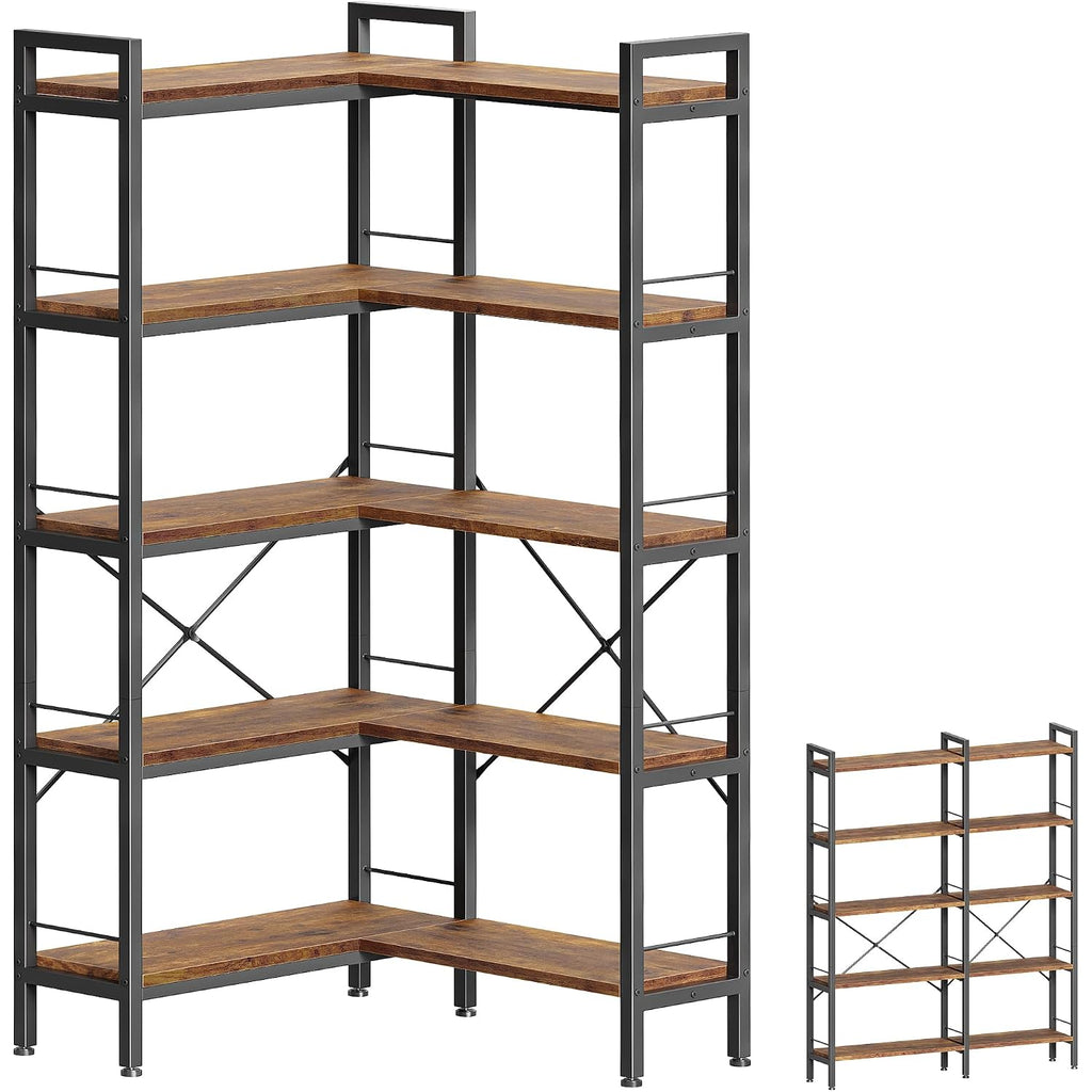 Huuger 5 Tier Bookshelf, L Shaped Corner Bookshelf With 10 Open Shelves, 49.4 Inch Straight Wide Bookcase With Metal Frame And Wooden Board, Adjustable Feet, Rustic Brown