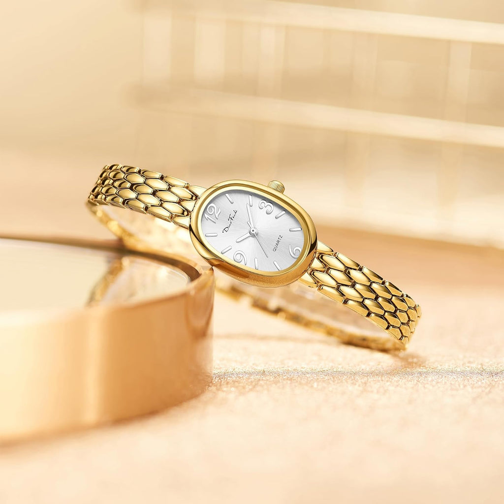 Diaofendi Petite Vintage Oval Gold Women’s Watch, Waterproof Elegant Watch with Japanese Quartz Movement, Adjustable Strap with Tool