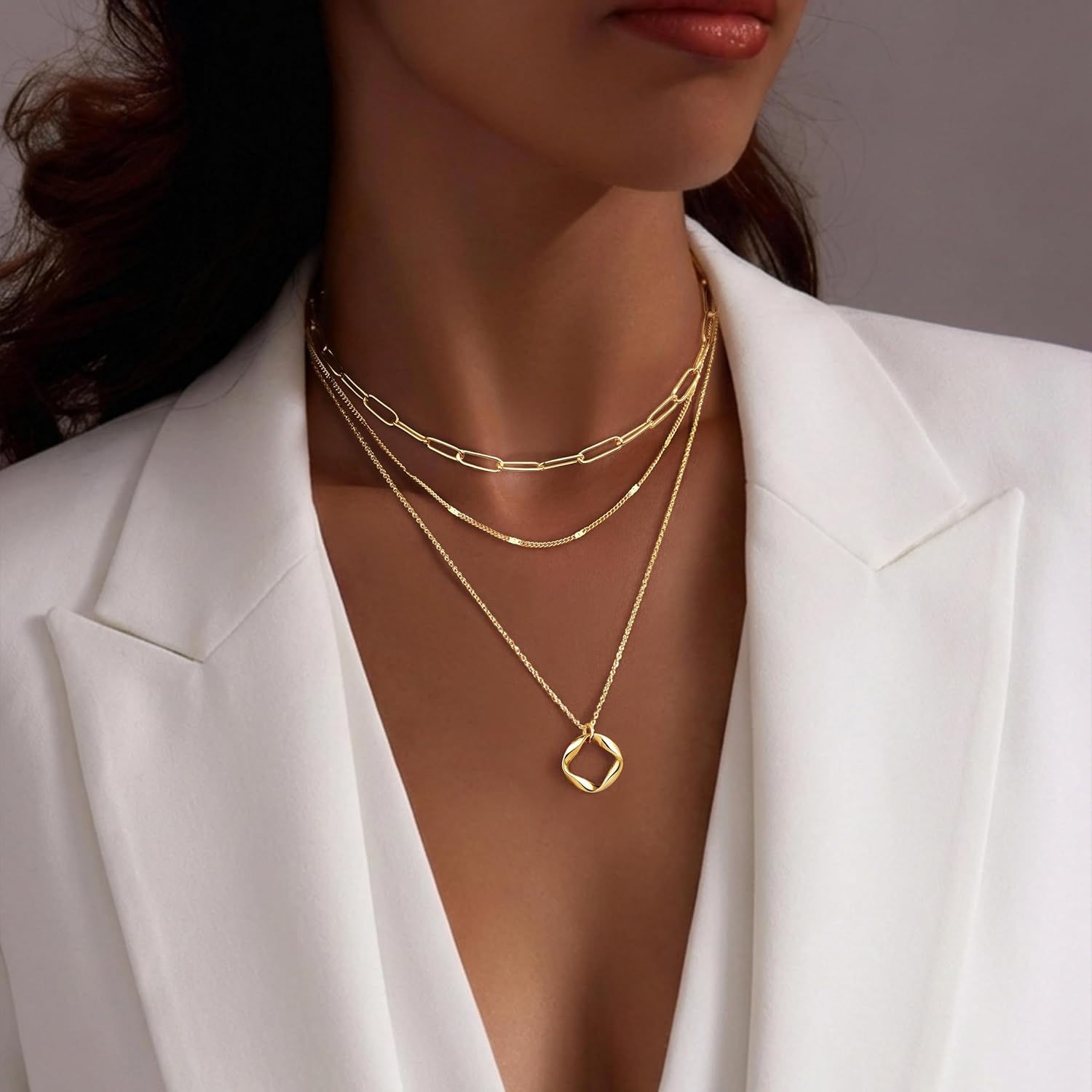 Poxtex Layered Gold Necklaces for Women, Stackable Dainty 14K Gold Silver Plated Trendy Simple Heart Diamond Cross Bow Circle Pendant Paperclip Choker Dot Chain Necklace,Jewelry Set Gifts for Women