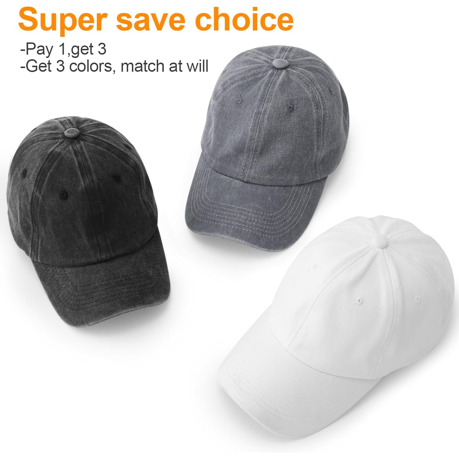 MEINICY 3 Packs Washed-Cotton Plain Baseball Cap, Vintage Adjustable Dad Hats Gift for Men/Women,Unstructured