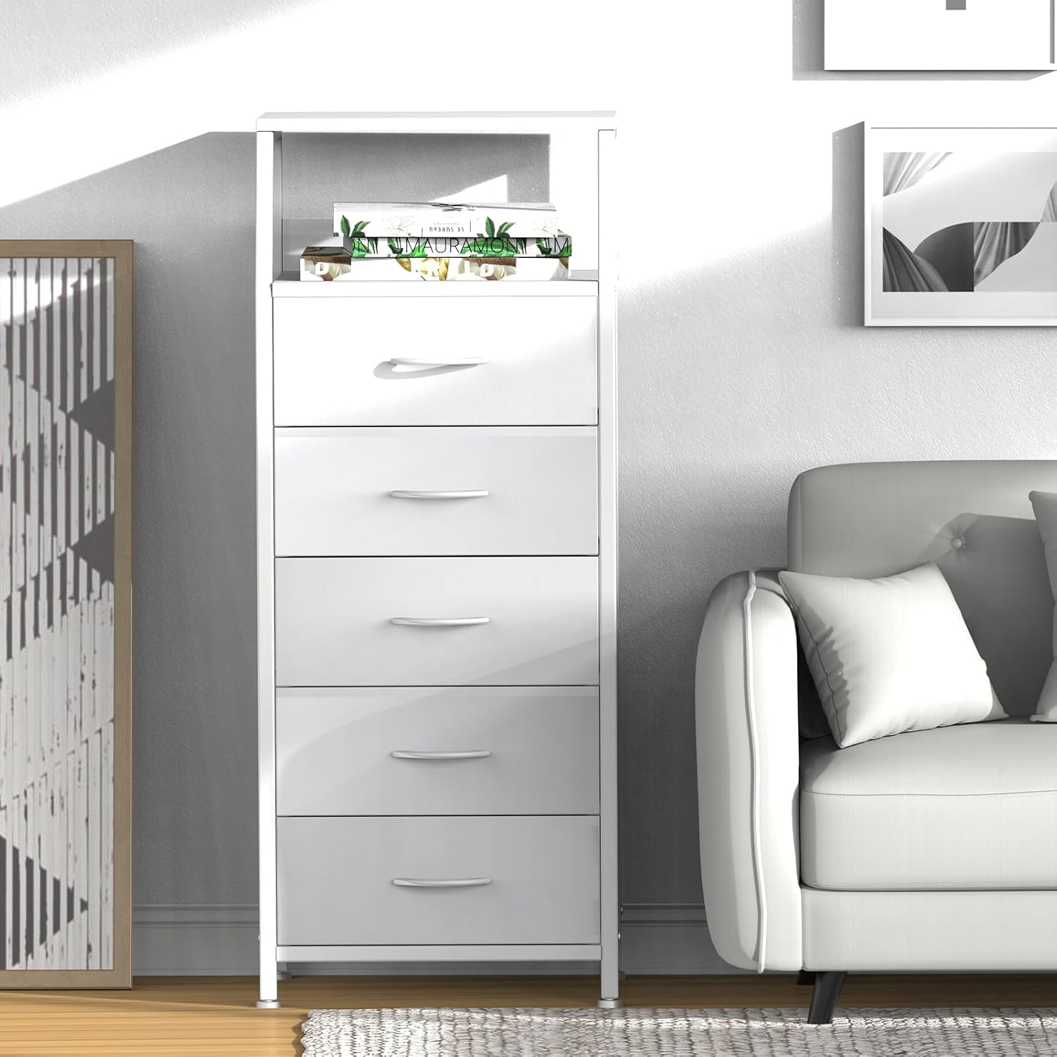 White Dresser For Bedroom, Storage Organizer With 5 Drawers, Vertical Fabric Storage Stand, Nightstand Bedside Table, Sturdy Steel Frame & Wooden Top