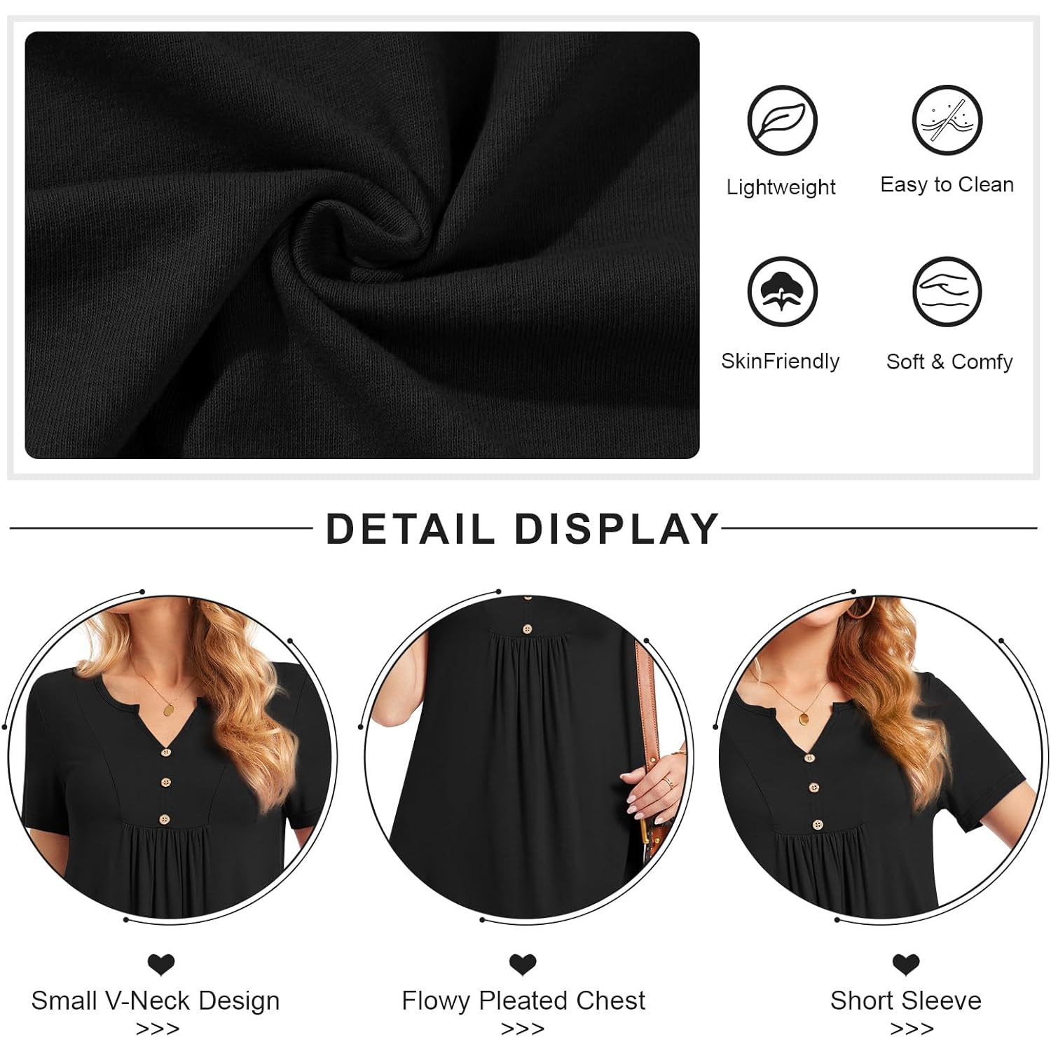 Womens Short Sleeve Tunic Tops Henley Shirt V Neck Button Up Blouse Casual Pleated Basic Pullover