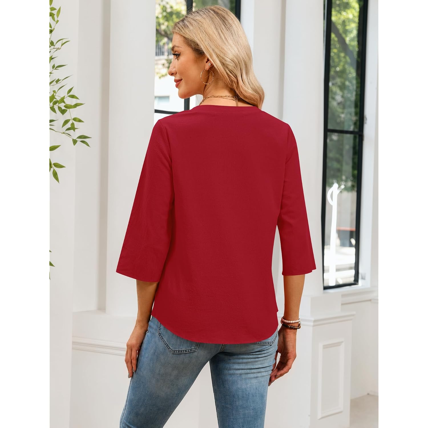 Lomon 3/4 Length Sleeve Womens Tops Cotton Linen Shirts V Neck Loose Fit Casual Blouses Early Fall Fashion Clothes
