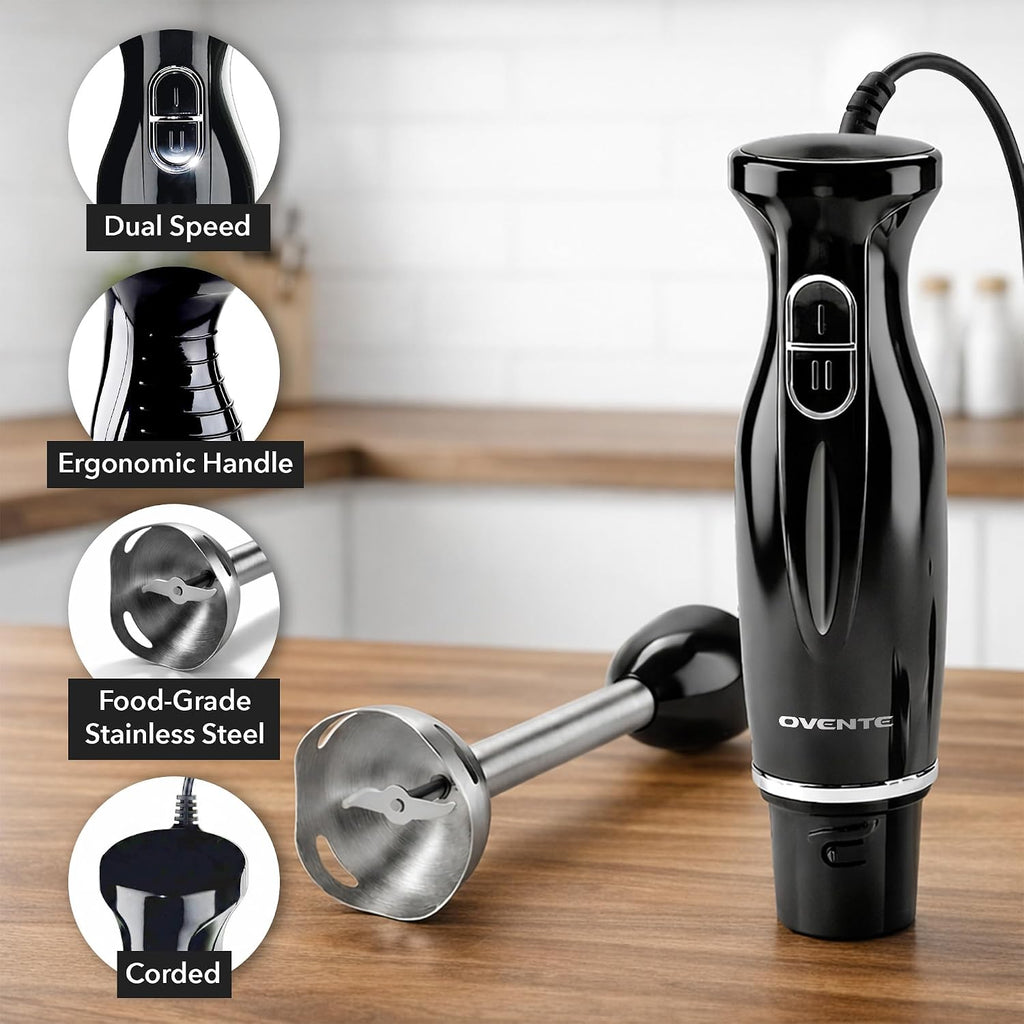 Ovente Immersion Hand Blender, 300W Electric Handheld Stick Mixer With 2 Mixing Speeds And Stainless Steel Blades For Smoothies, Purees & Baby Food, Black Hs560B