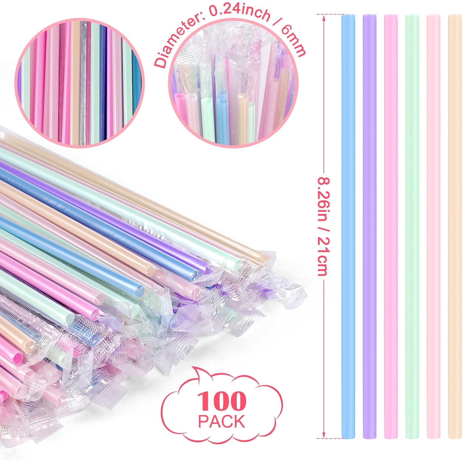 [Individually Wrapped] 100Pcs Disposable Plastic Drinking Straws - 8.26" Long And 0.24 Diameter Colorful Cute Straws For Juice,Coffee,Milk,Cocktail, Bachelorette/Birthday Party, Bridal/Baby Shower