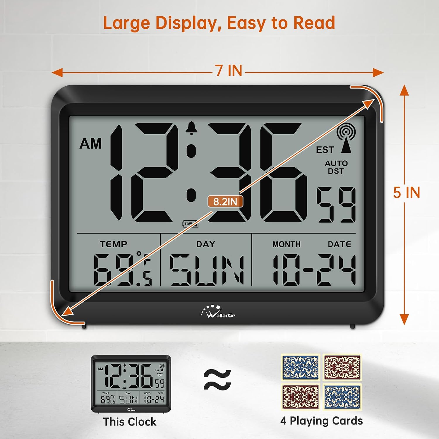 Atomic Digital Wall Clock Battery Operated, Self-Setting, Large Display With Temperature, Date, Day Of The Week, Silent Wall Mount Digital Clock, 4 Time Zones, Dst
