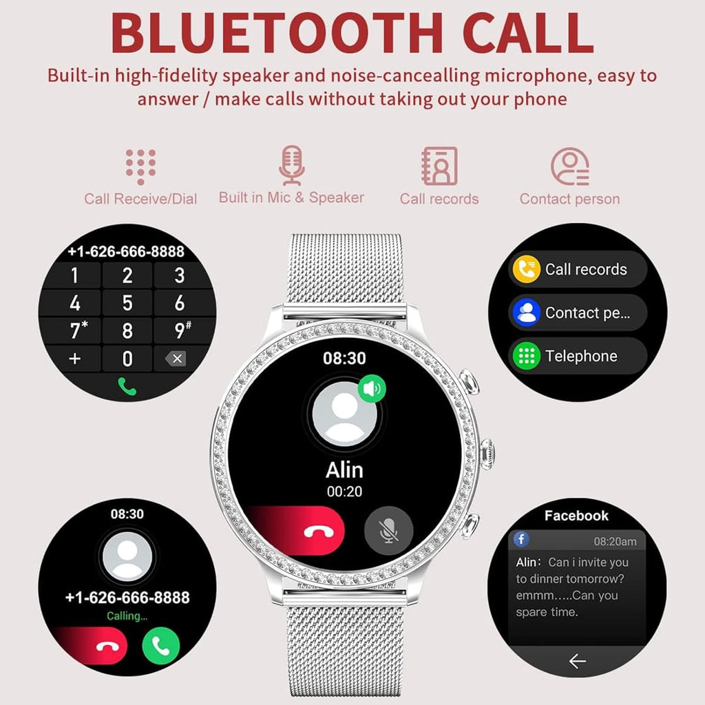 Smart Watch Women Bluetooth Calls for Android iOS Phone Sport Fitness Activity Tracker 1.32" HD Full Touch Screen Heart Rate Sleep Monitor Ladies Silver Mesh Smartwatch Gift,G
