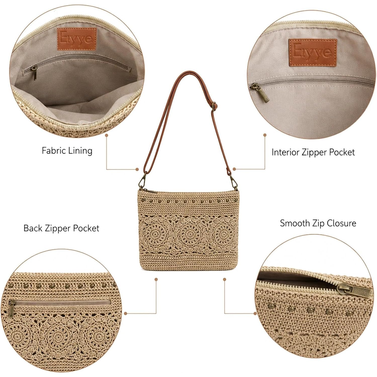 Eiyye Woven Crossbody Bag For Women Lightweight Crochet Purse With Adjustable Strap Inner & Outer Pockets
