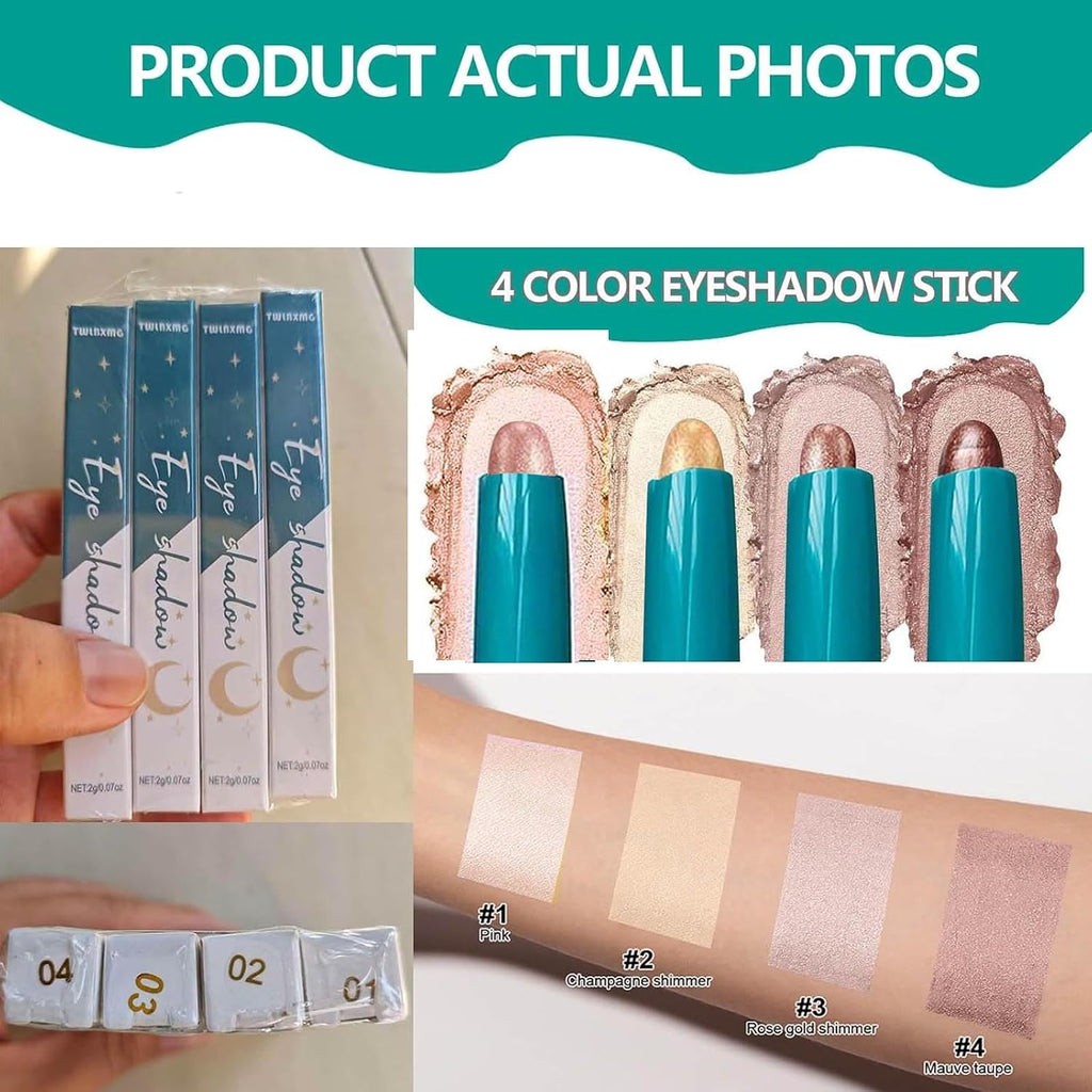 4 Color Eyeshadow Stick Set Eye Shadow Brightener Stick Cream Shimmer Glitter Smooth Eyeshadow Primer Pencil Waterproof Long Lasting Highlighter Eye Makeup Eye Shadow 4Pcs