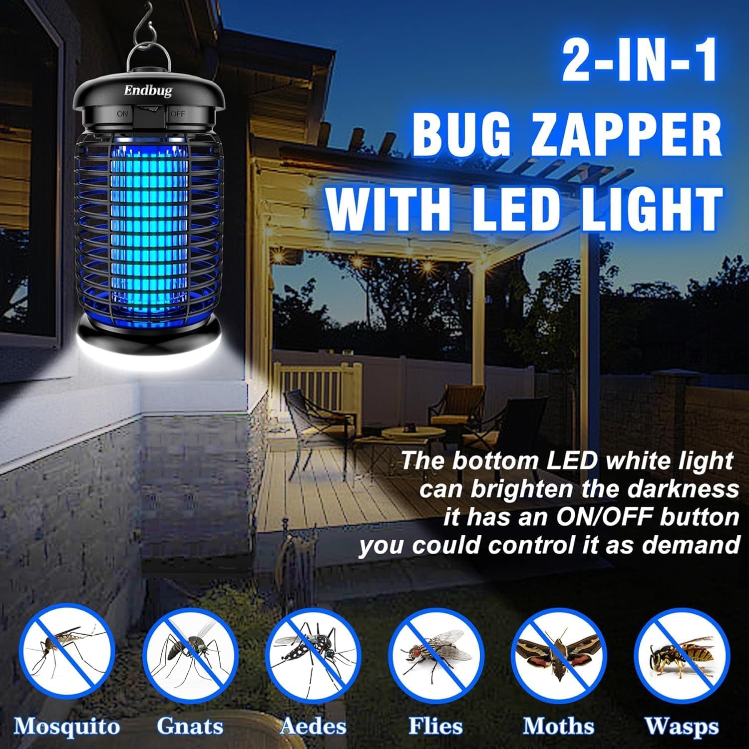 Endbug Bug Zapper, Bug Zapper Outdoor Indoor With Led Light, Electric Mosquito Zapper Fly Zapper, Waterproof Mosquito Killer Insect Zapper Fly Trap For Outside Patio Garden Backyard Home, Plug In