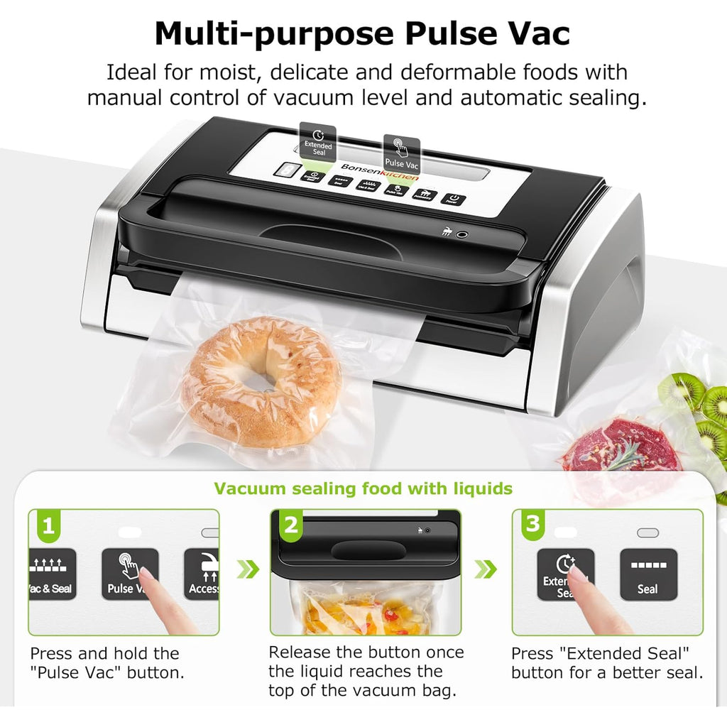Bonsenkitchen Vacuum Sealer Machine, Globefish Technology for Perfect Vacuum Sealing, Powerful Low-Noise Food Vacuum Sealer with Easy Handle Design, Built-in Cutter & Bag Storage, 1 Bag Roll & 10 Bags