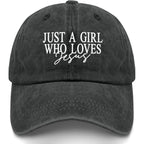 JUSTS A Girls WHO Loves Jesus Hats for Women Aesthetic Washed Distressed Allblack