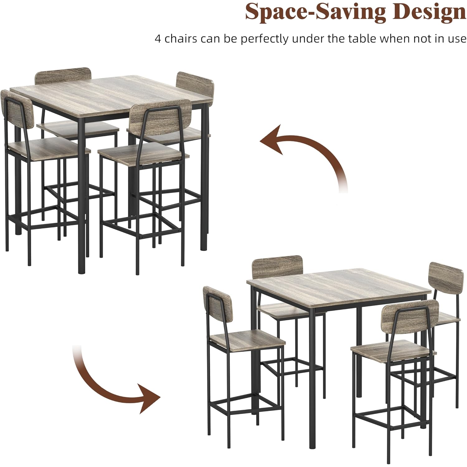 Kitchen Table And Chairs Of 4, 5 Piece Dining Table Set, Sturdy Industrial Space Saving Dinette Set For Pub, Family Dinners, Apartment, Gray