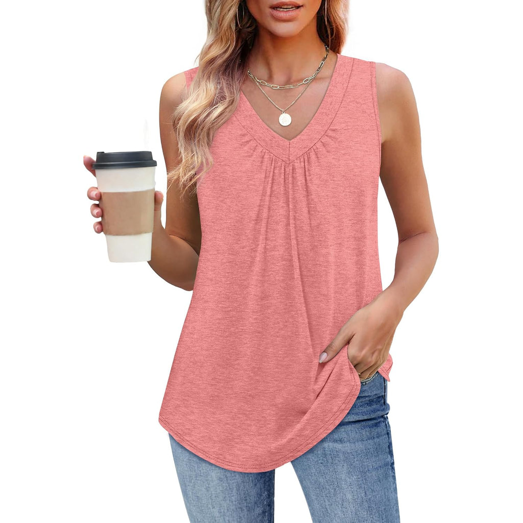Ofeefan Tank Top For Women Loose Fit Sleeveless Shirts V Neck Summer Clothes Ruched Women'S Tees And Tanks Curved Hem