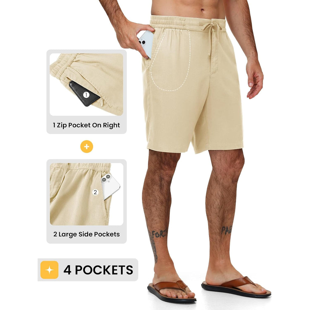 Rdruko Men'S Casual Shorts, 9" Linen Zipper Pocket Shorts Elastic Waist Drawstring Breathable For Summer Vacation Lounge