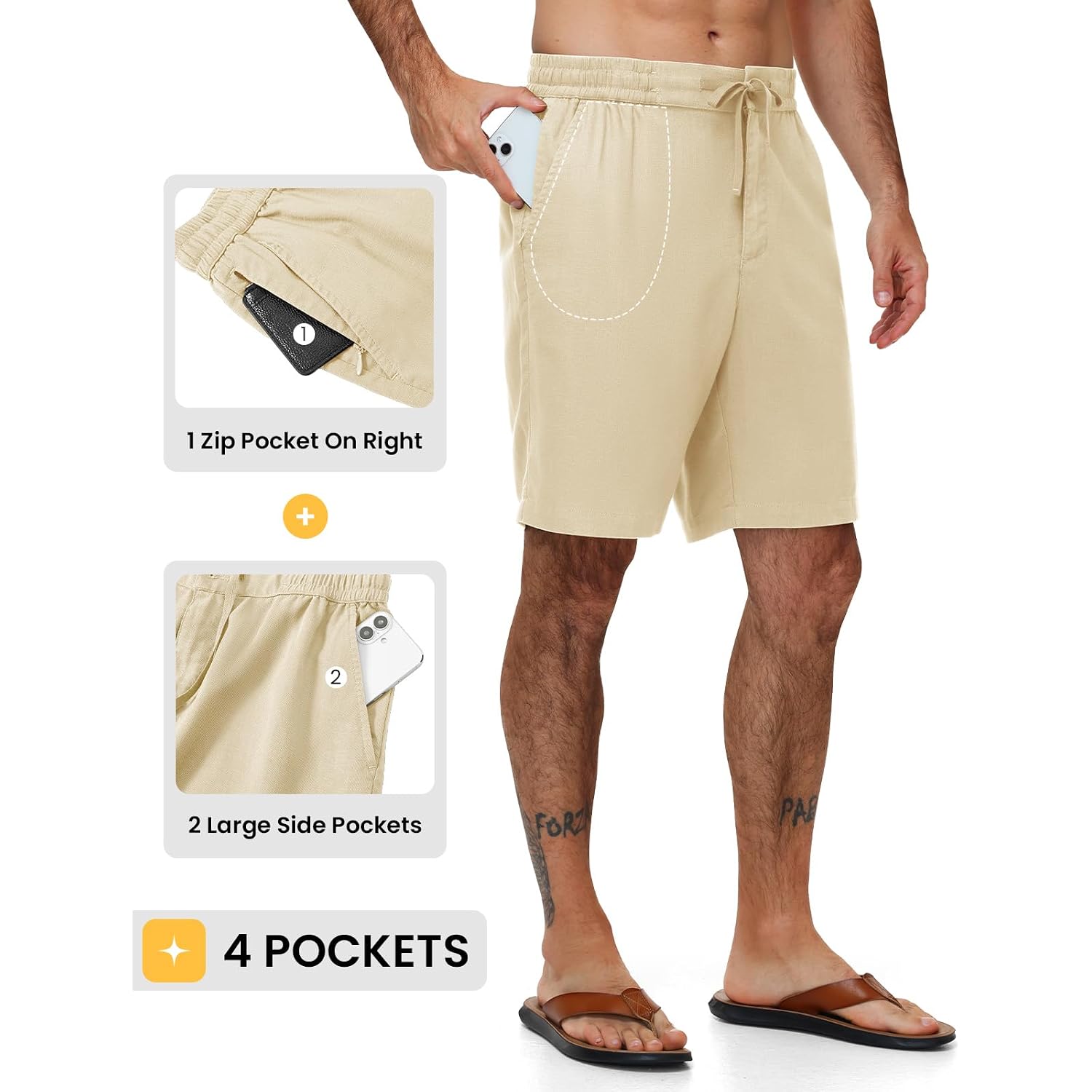 Rdruko Men'S Casual Shorts, 9" Linen Zipper Pocket Shorts Elastic Waist Drawstring Breathable For Summer Vacation Lounge