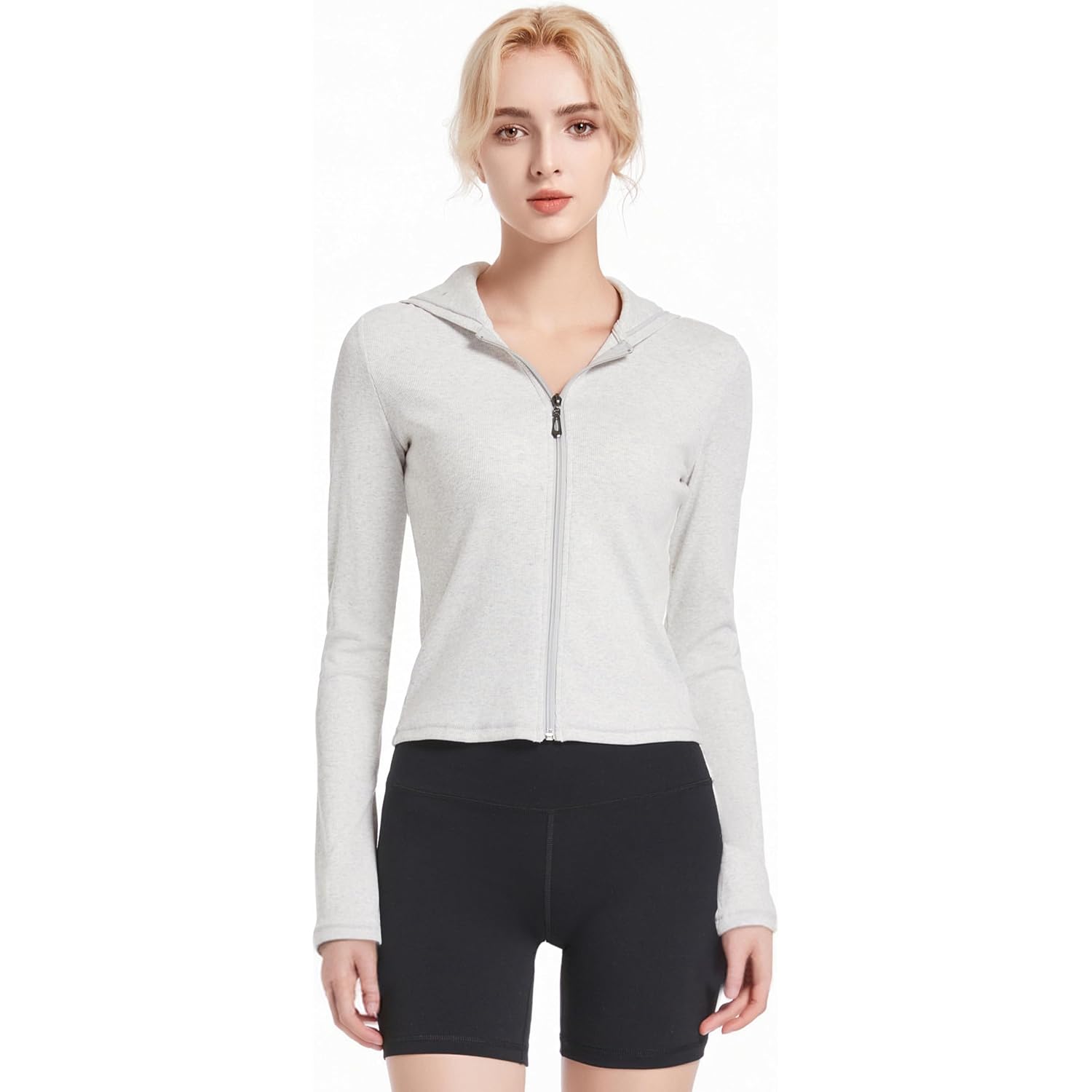 Abonlen Ribbed Hoodies For Women Lightweight Full Zip Up Jackets Long Sleeves Tops Fitted Cropped Sweatshirt