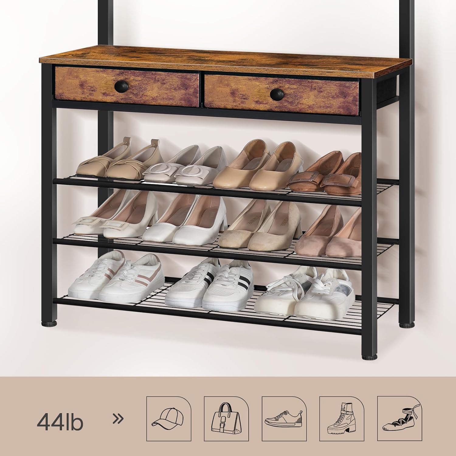 Hoobro Hall Tree, Entryway Coat And Shoe Rack, 2 Fabric Drawers, Hall Tree With Bench, Shoe And Coat Rack, Coat Rack With Shoe Storage, 4 Tier Shoe Organizer, 9 Hooks, Rustic Brown And Black Bf81Mt01