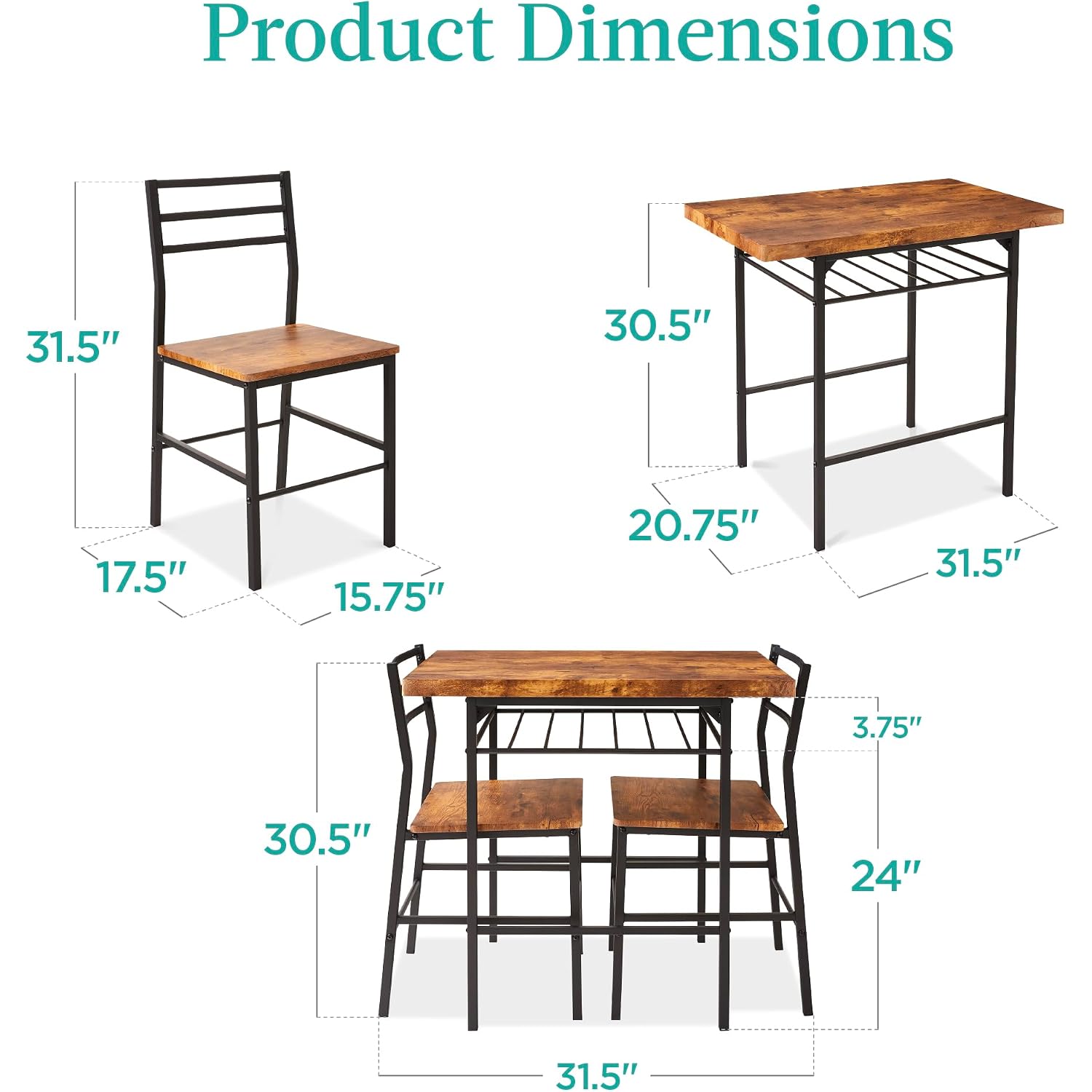Best Choice Products 3-Piece Modern Dining Set, Space Saving Dinette For Kitchen, Dining Room, Small Space W/Steel Frame, Built-In Storage Rack - Medium Brown/Black
