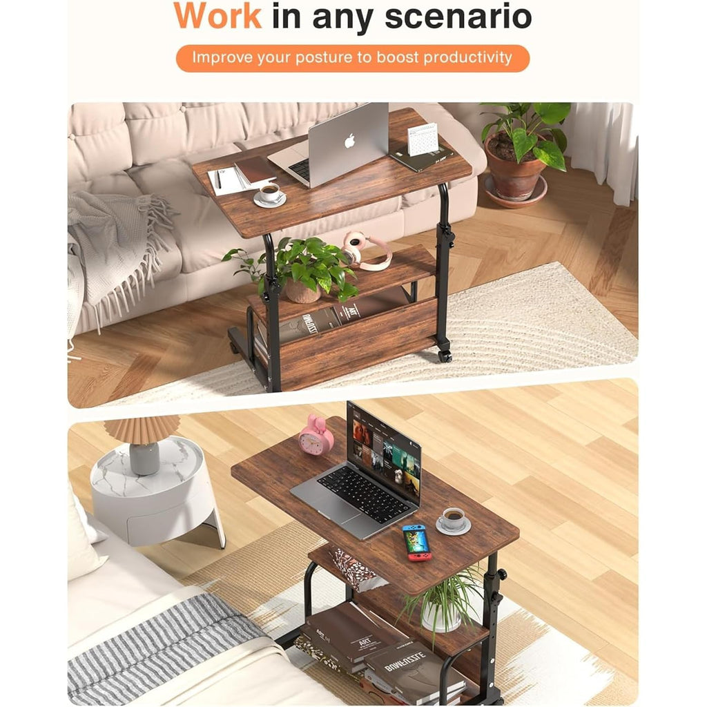 QZMDSM Portable Rolling Desk on Wheels Adjustable Height Desks for Small Spaces, 32" Computer Desk Drafting Tables with Storage Shelves for Home Office Rustic